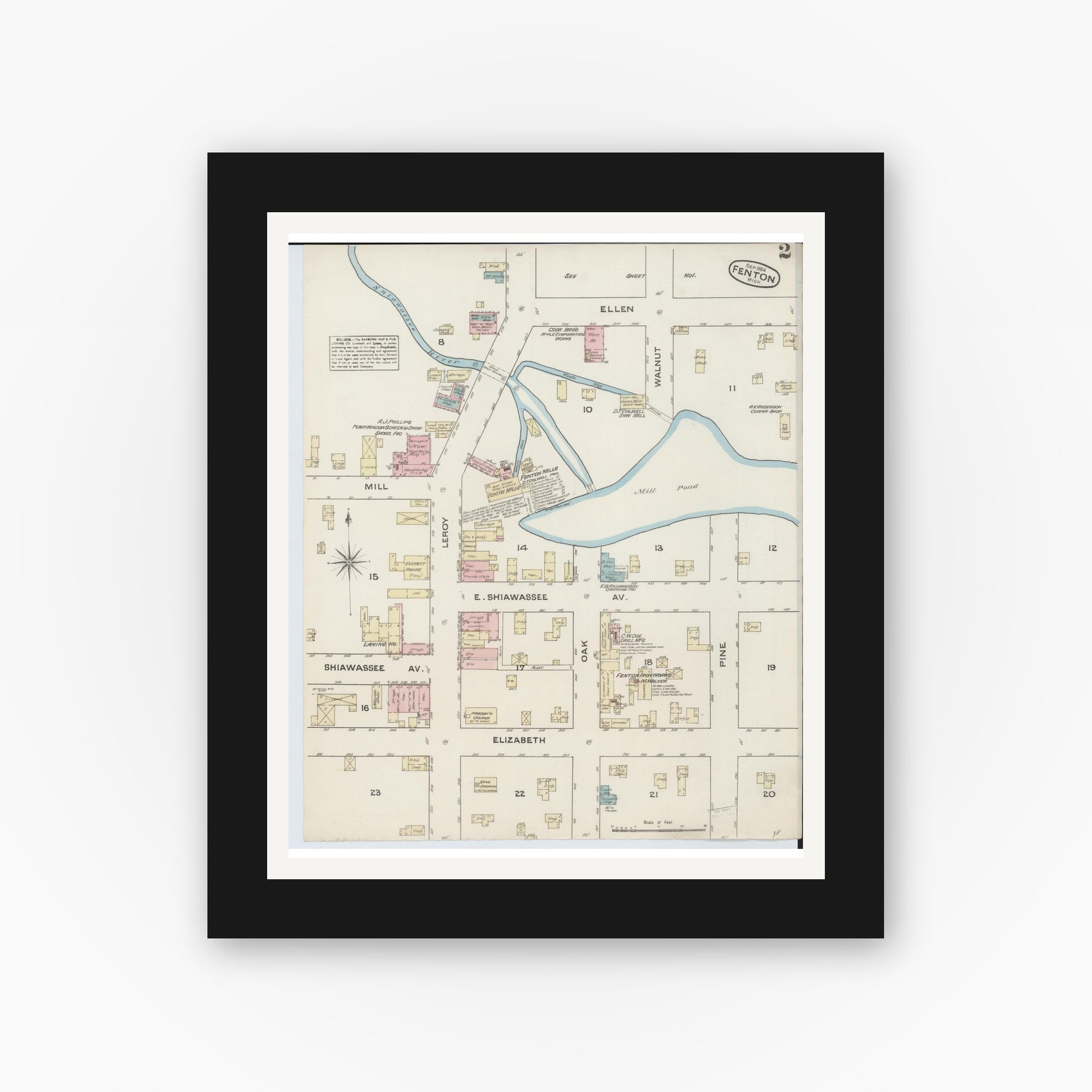 Old map wall art mockup — black gallery frame with white mat — Sanborn Fire Insurance Map from Fenton, Genesee County, Michigan (1884), Sheet #0002