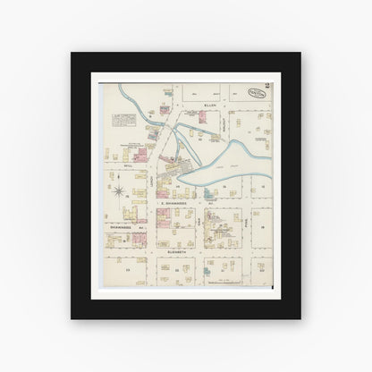 Old map wall art mockup — black gallery frame with white mat — Sanborn Fire Insurance Map from Fenton, Genesee County, Michigan (1884), Sheet #0002
