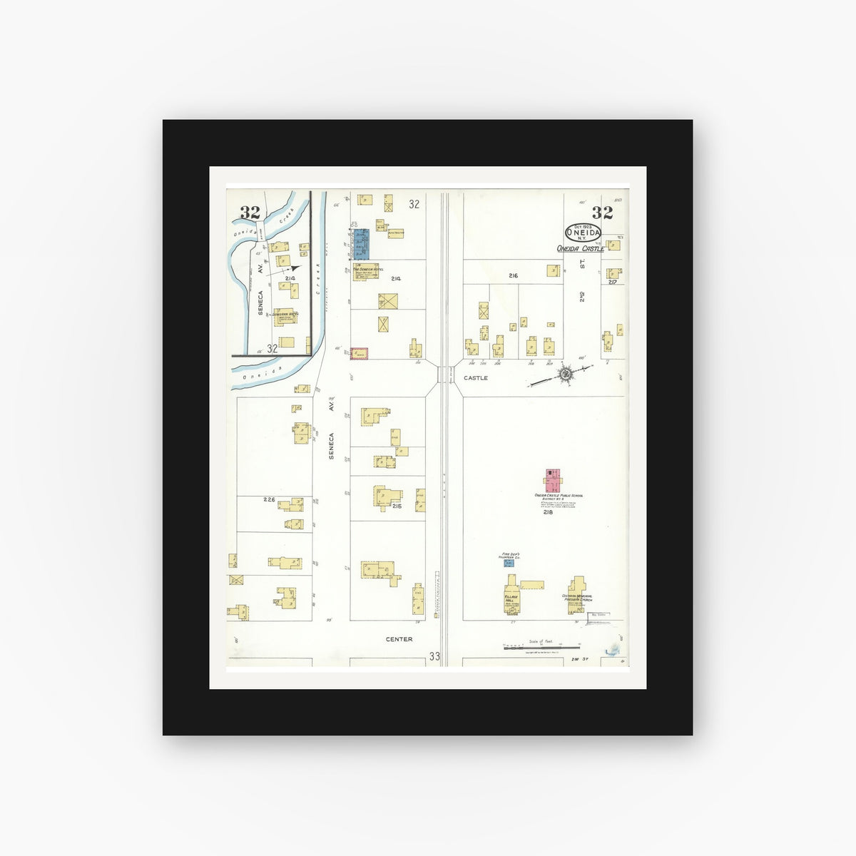 Old map wall art mockup — black gallery frame with white mat — Sanborn Fire Insurance Map from Oneida, Madison County, New York (1923), Sheet #0032