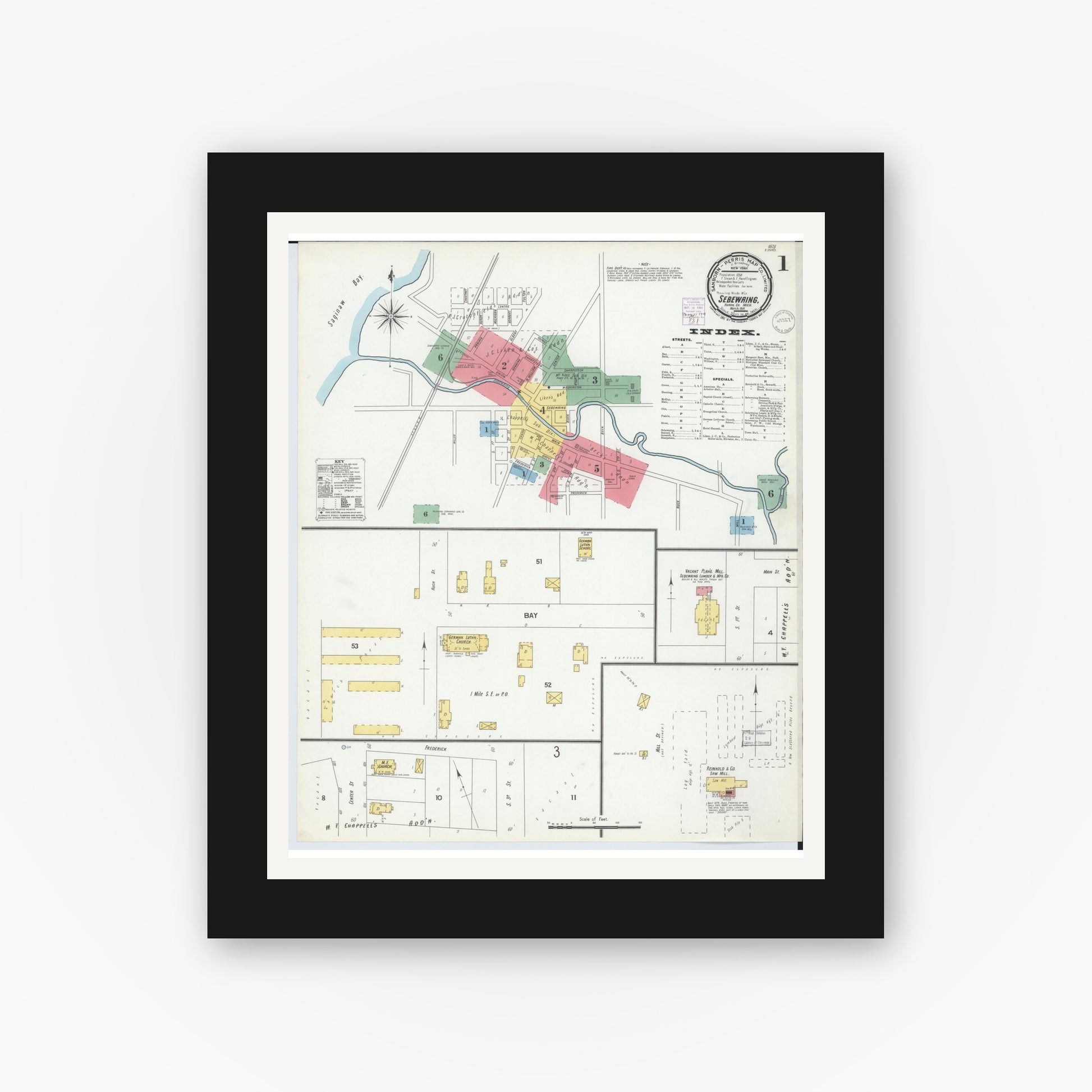 Old map wall art mockup — black gallery frame with white mat — Sanborn Fire Insurance Map from Sebewaing, Huron County, Michigan (1901), Sheet #0001