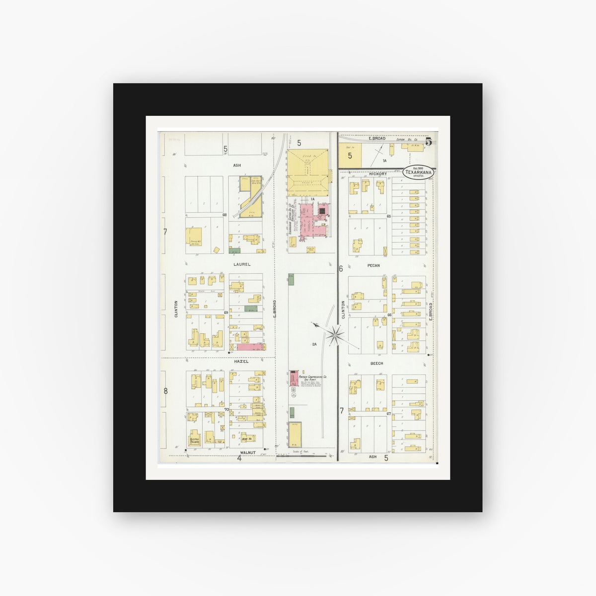 Old map wall art mockup — black gallery frame with white mat — Sanborn Fire Insurance Map from Texarkana, Bowie County, Texas (1900), Sheet #0005