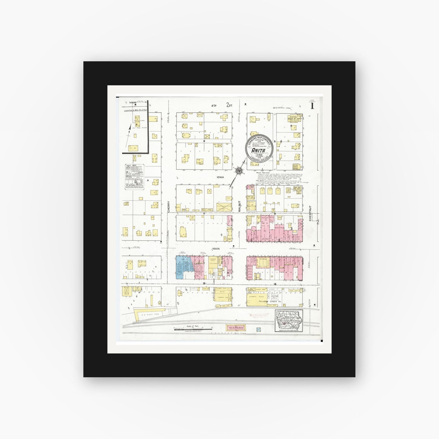 Old map wall art mockup — black gallery frame with white mat — Sanborn Fire Insurance Map from Anita, Cass County, Iowa (1918), Sheet #0001