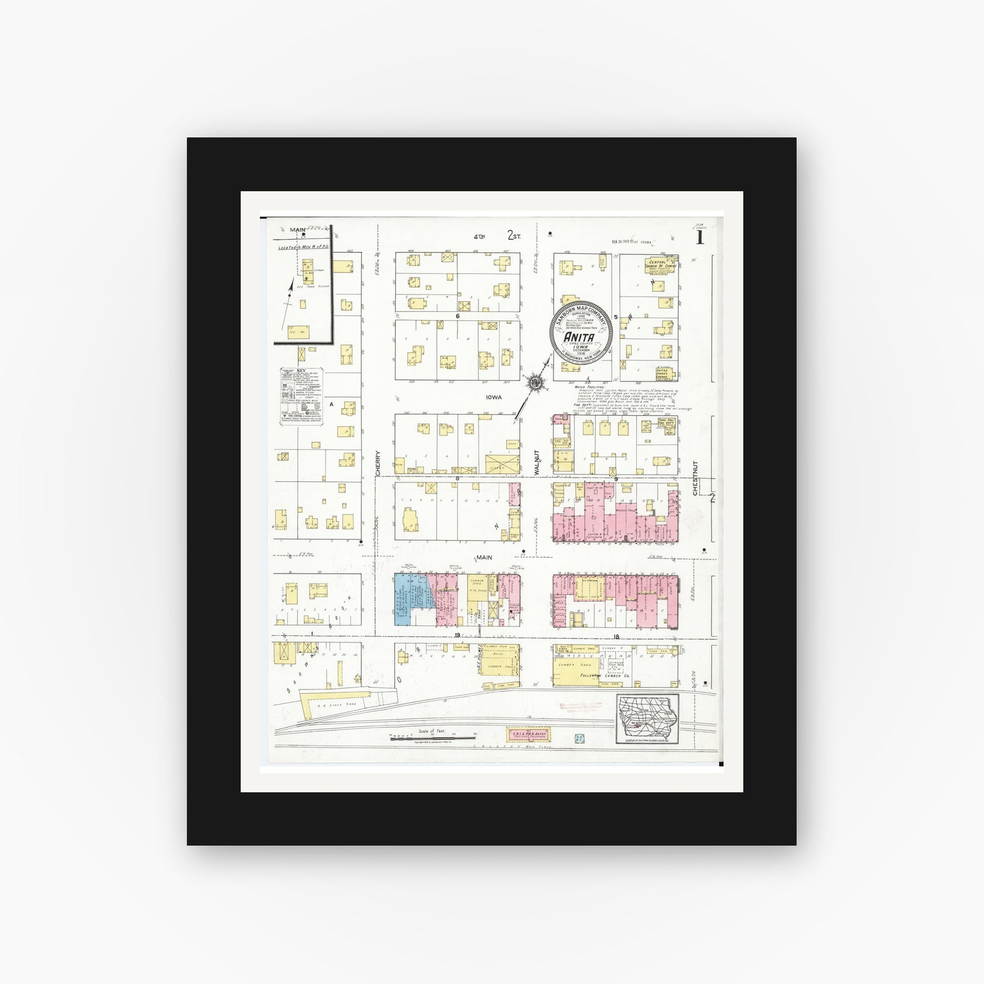 Old map wall art mockup — black gallery frame with white mat — Sanborn Fire Insurance Map from Anita, Cass County, Iowa (1918), Sheet #0001