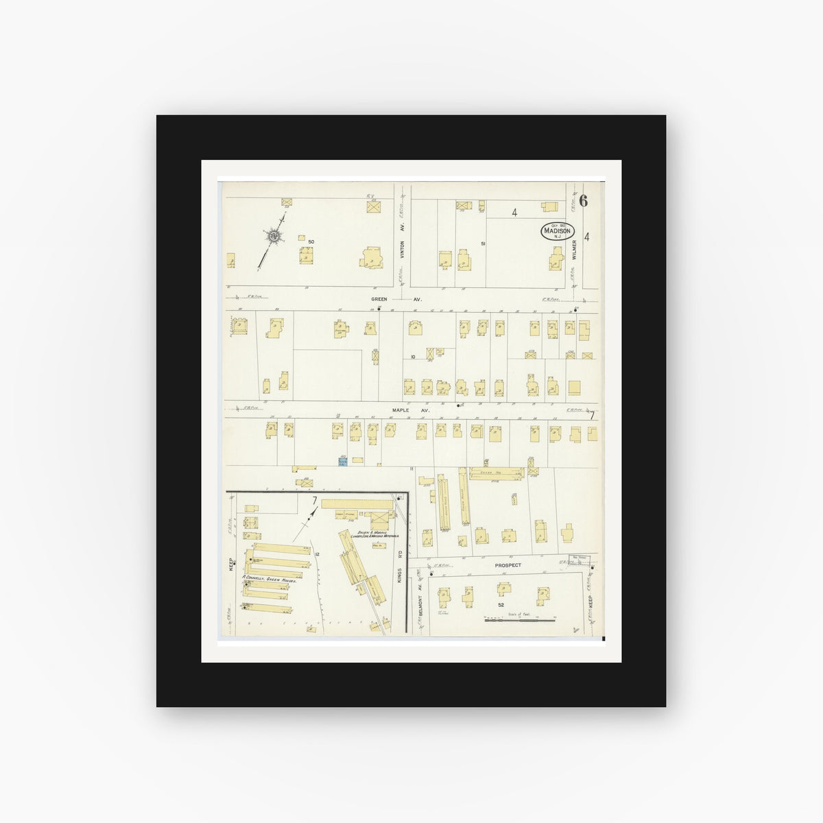 Old map wall art mockup — black gallery frame with white mat — Sanborn Fire Insurance Map from Madison, Morris County, New Jersey (1912), Sheet #0006