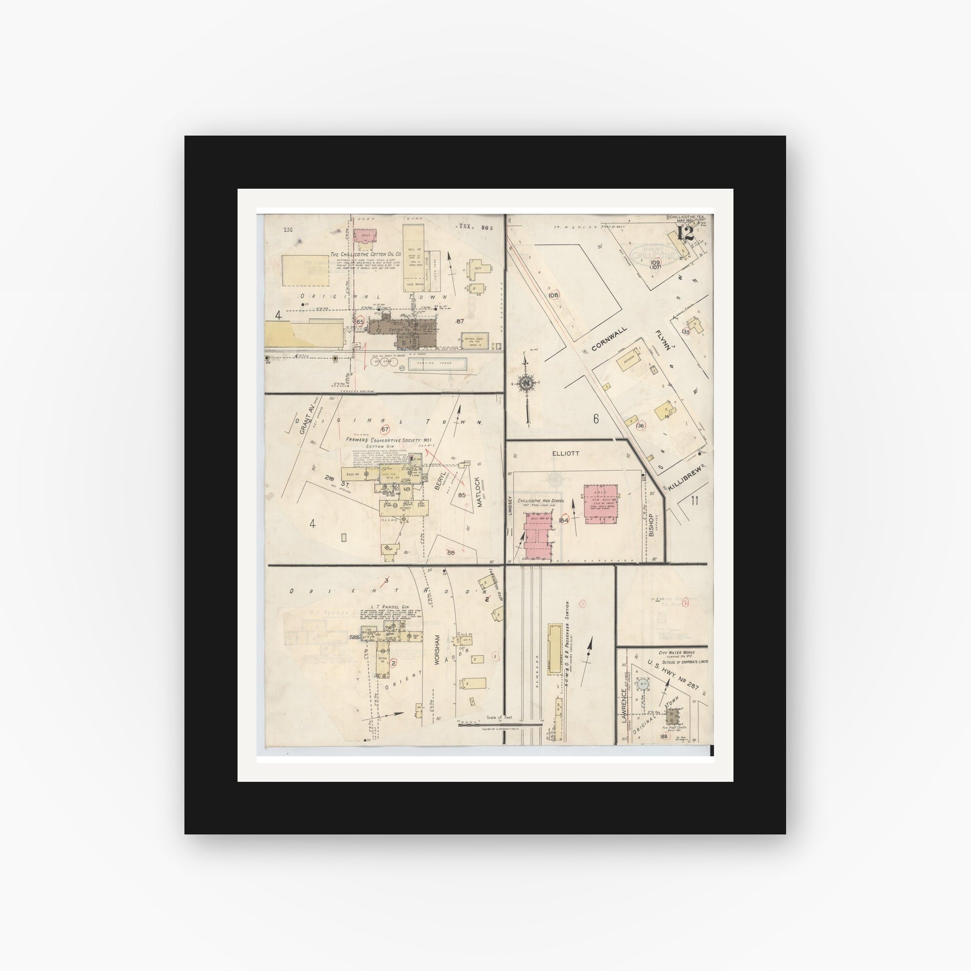Old map wall art mockup — black gallery frame with white mat — Sanborn Fire Insurance Map from Chillicothe, Hardeman County, Texas (1941), Sheet #0012