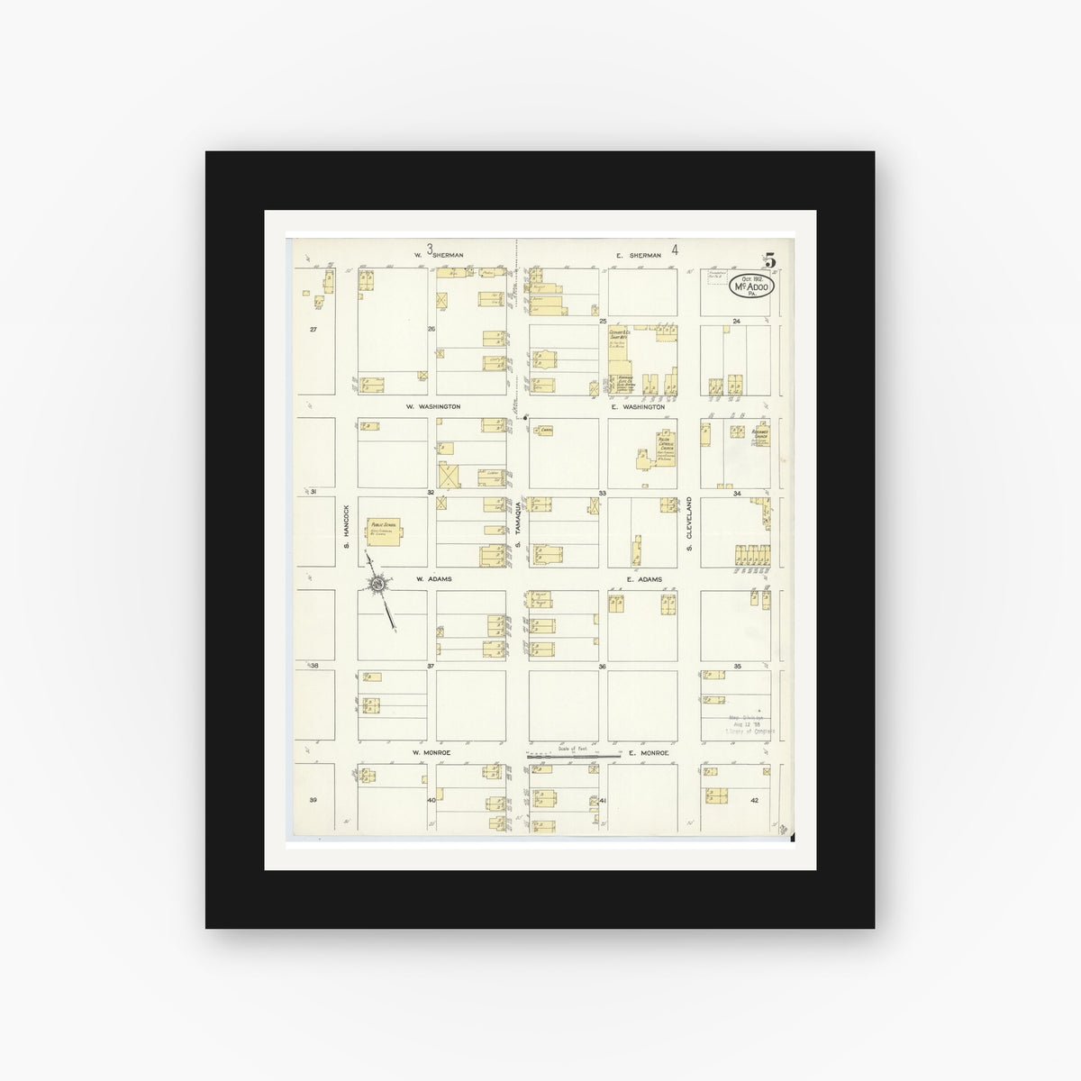 Old map wall art mockup — black gallery frame with white mat — Sanborn Fire Insurance Map from McAdoo, Schuylkill County, Pennsylvania (1912), Sheet #0005