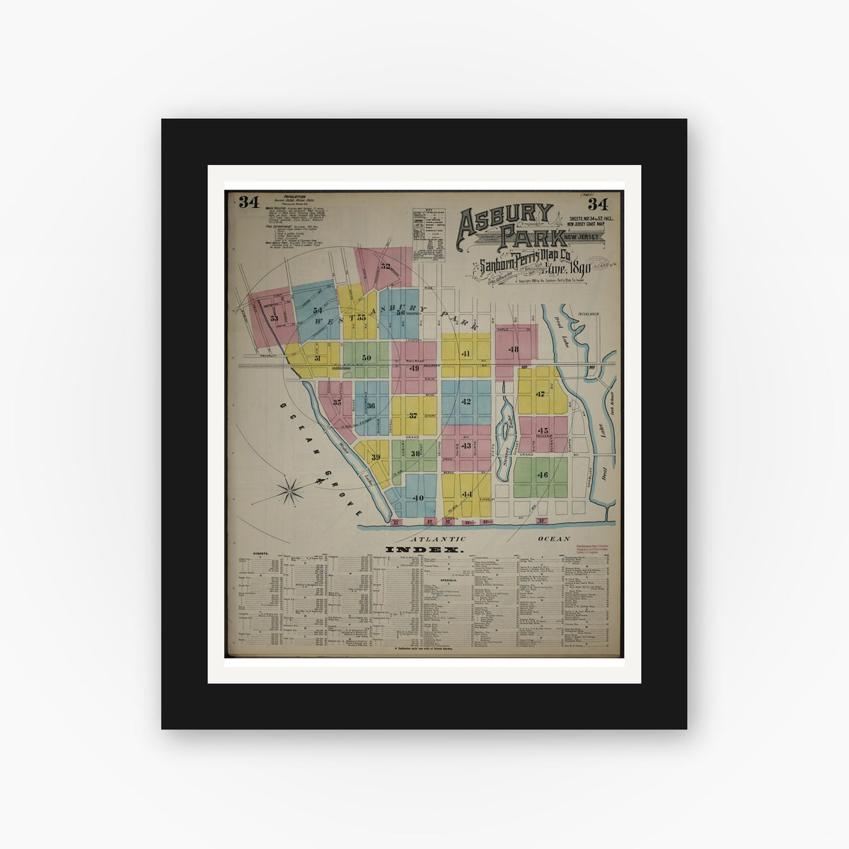 Old map wall art mockup — black gallery frame with white mat — Sanborn Fire Insurance Map from New Jersey Coast, New Jersey Coast, New Jersey (1890), Sheet #0034