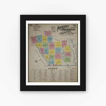 Old map wall art mockup — black gallery frame with white mat — Sanborn Fire Insurance Map from New Jersey Coast, New Jersey Coast, New Jersey (1890), Sheet #0034