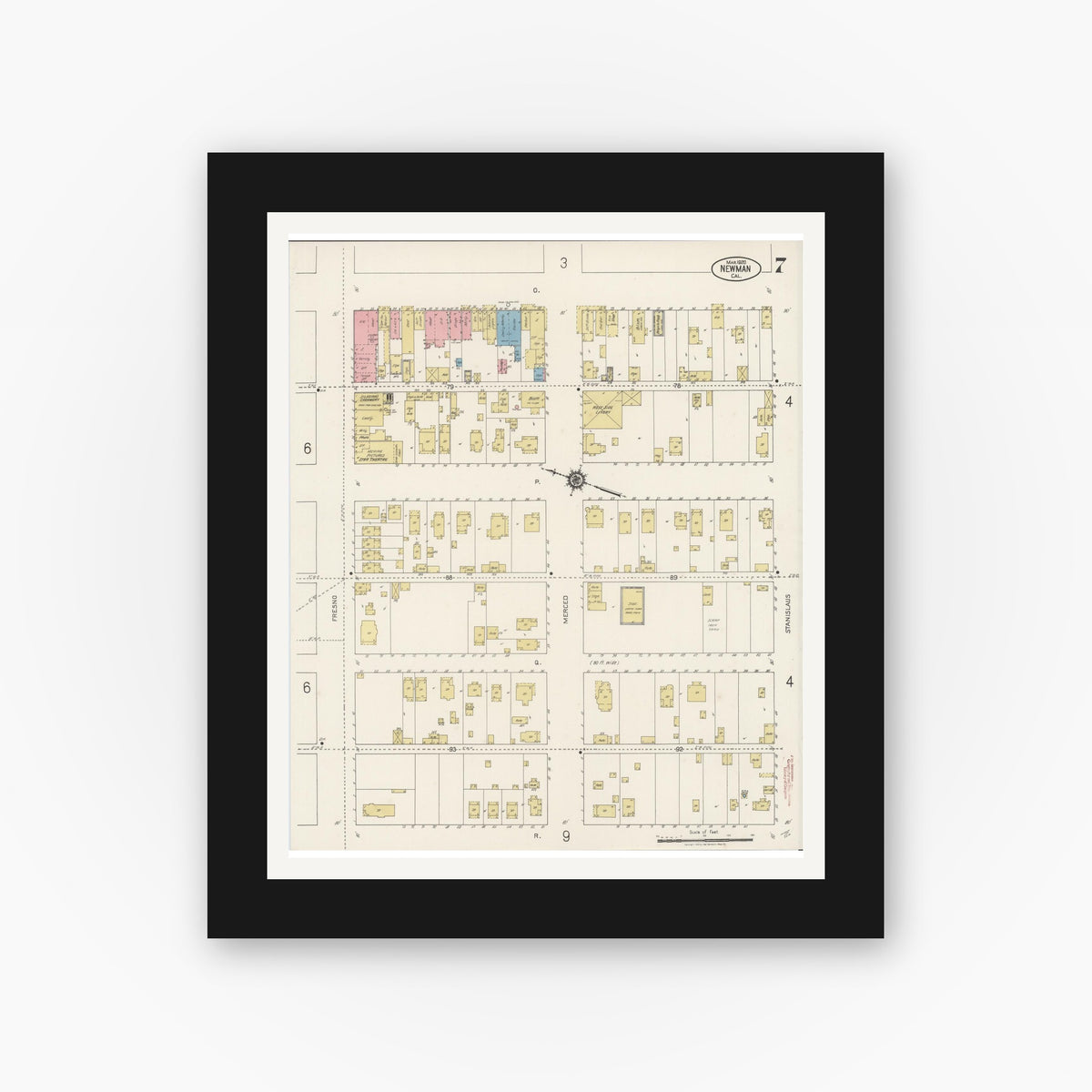 Old map wall art mockup — black gallery frame with white mat — Sanborn Fire Insurance Map from Newman, Stanislaus County, California (1920), Sheet #0007