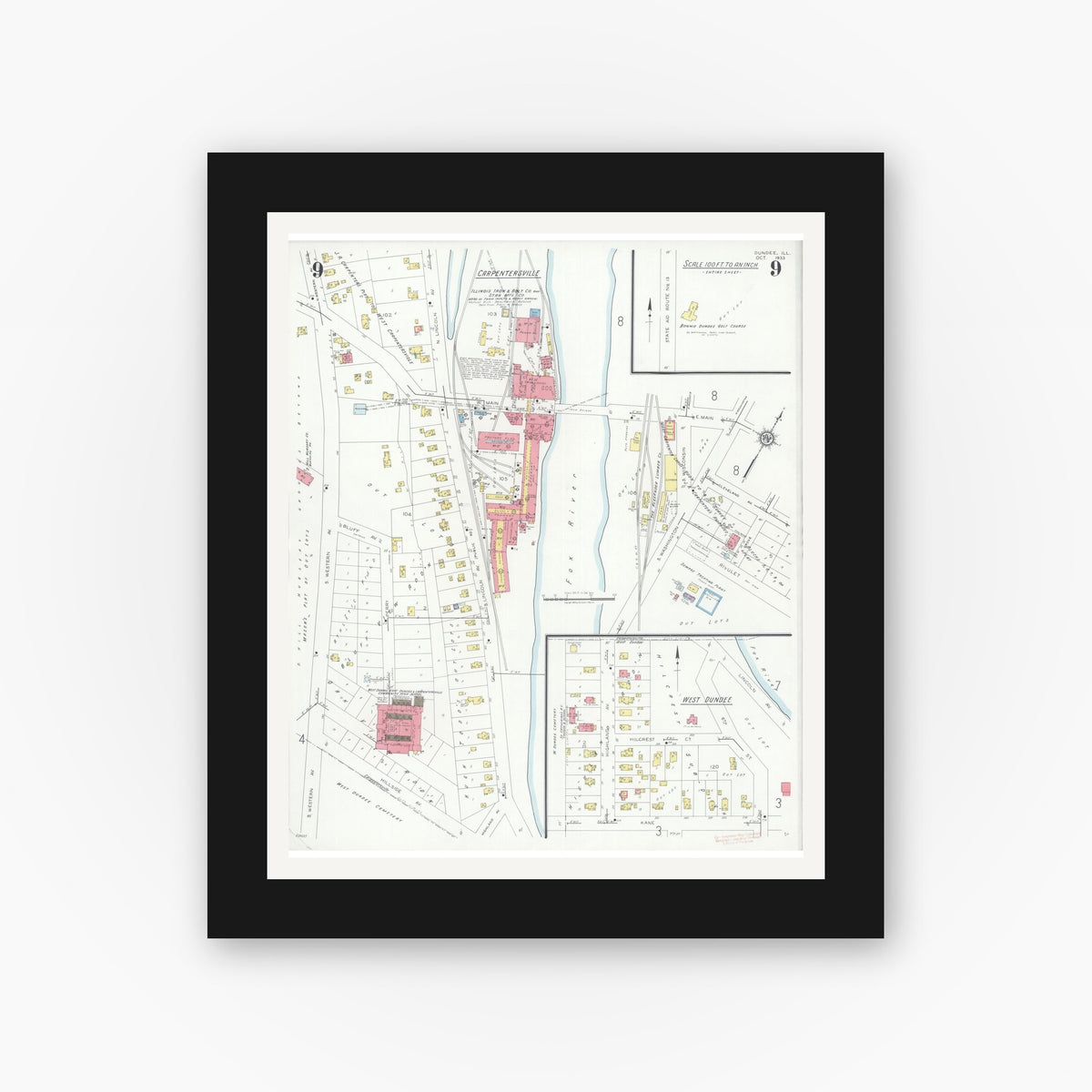 Old map wall art mockup — black gallery frame with white mat — Sanborn Fire Insurance Map from Dundee, Kane County, Illinois (1933), Sheet #0009