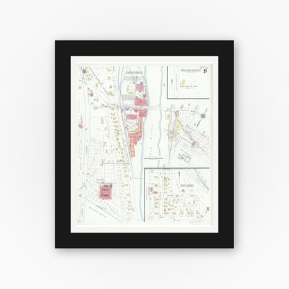 Old map wall art mockup — black gallery frame with white mat — Sanborn Fire Insurance Map from Dundee, Kane County, Illinois (1933), Sheet #0009