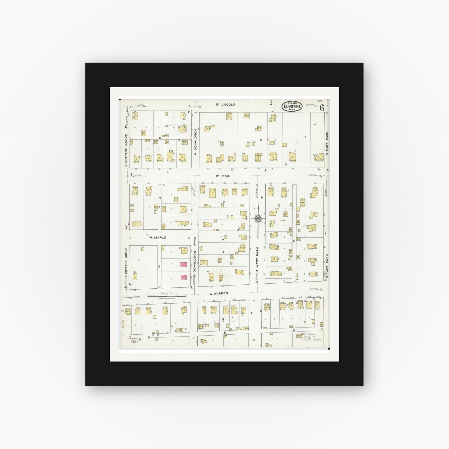 Old map wall art mockup — black gallery frame with white mat — Sanborn Fire Insurance Map from Luverne, Rock County, Minnesota (1921), Sheet #0006