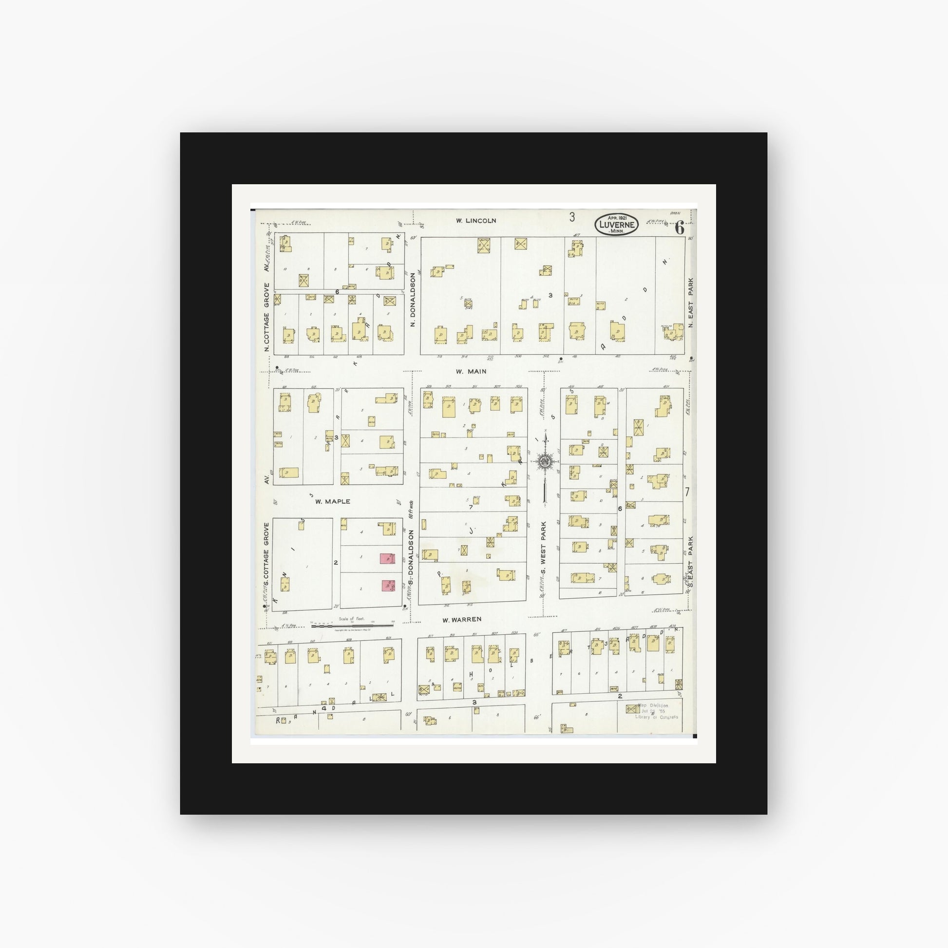 Old map wall art mockup — black gallery frame with white mat — Sanborn Fire Insurance Map from Luverne, Rock County, Minnesota (1921), Sheet #0006