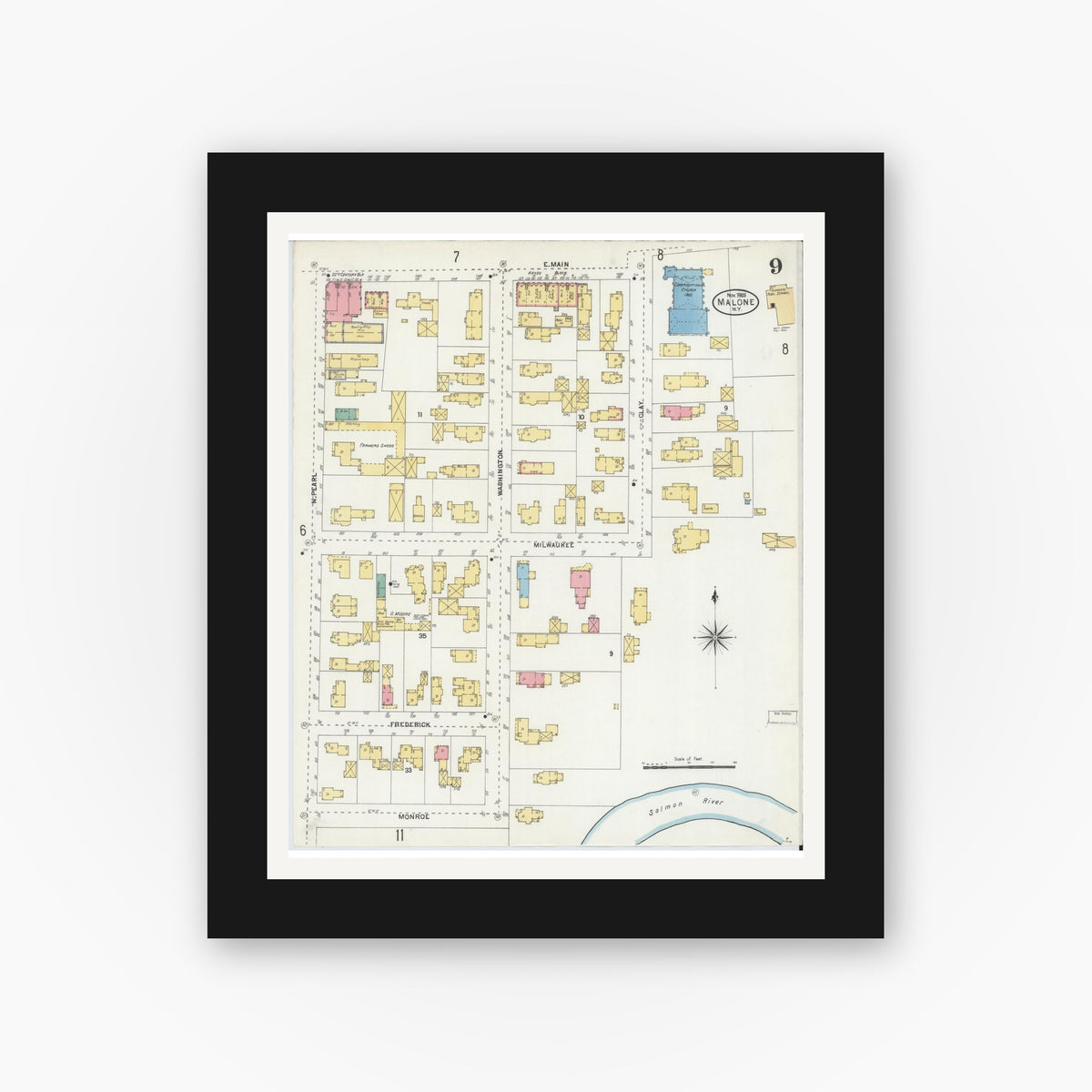 Old map wall art mockup — black gallery frame with white mat — Sanborn Fire Insurance Map from Malone, Franklin County, New York (1903), Sheet #0009