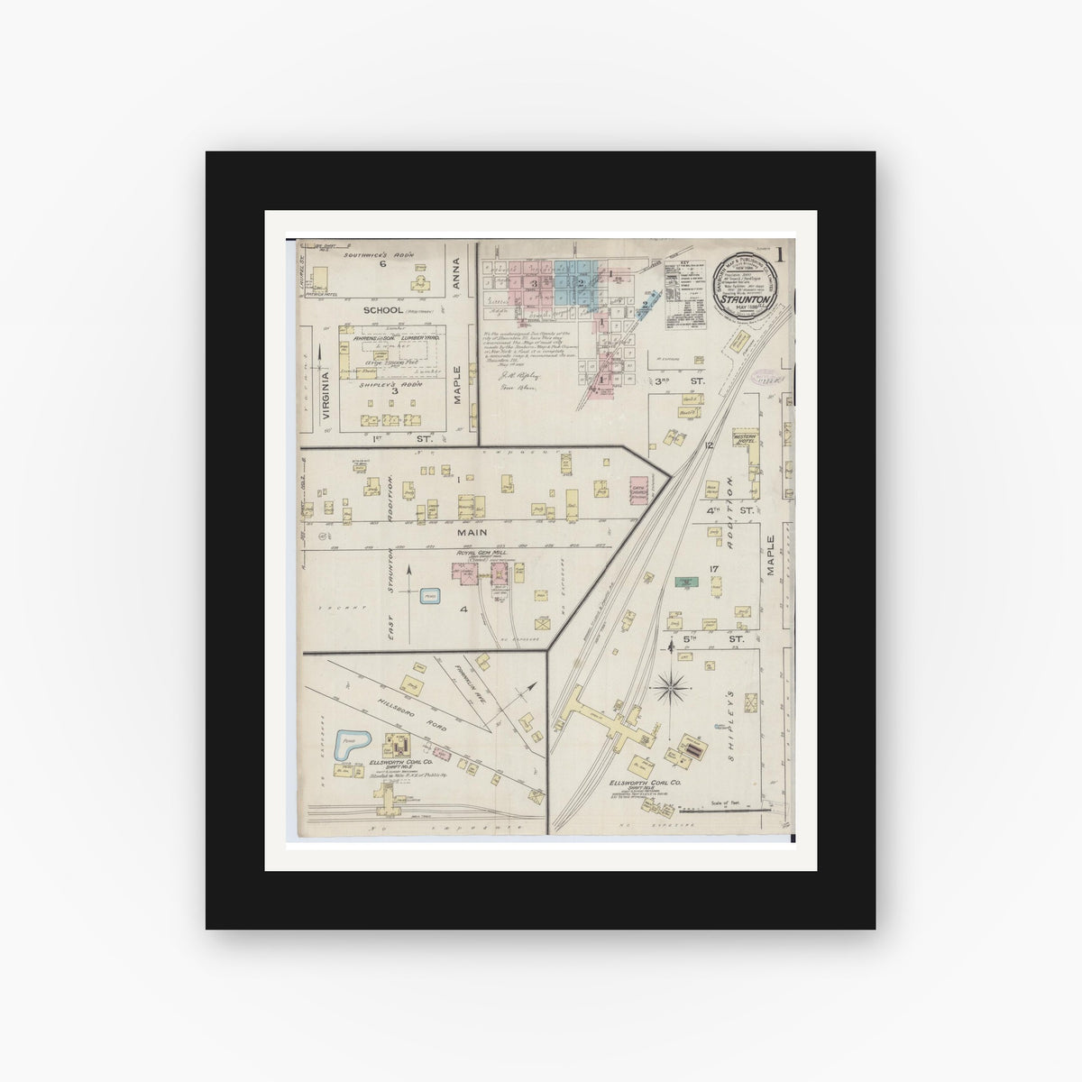 Old map wall art mockup — black gallery frame with white mat — Sanborn Fire Insurance Map from Staunton, Macoupin County, Illinois (1886), Sheet #0001