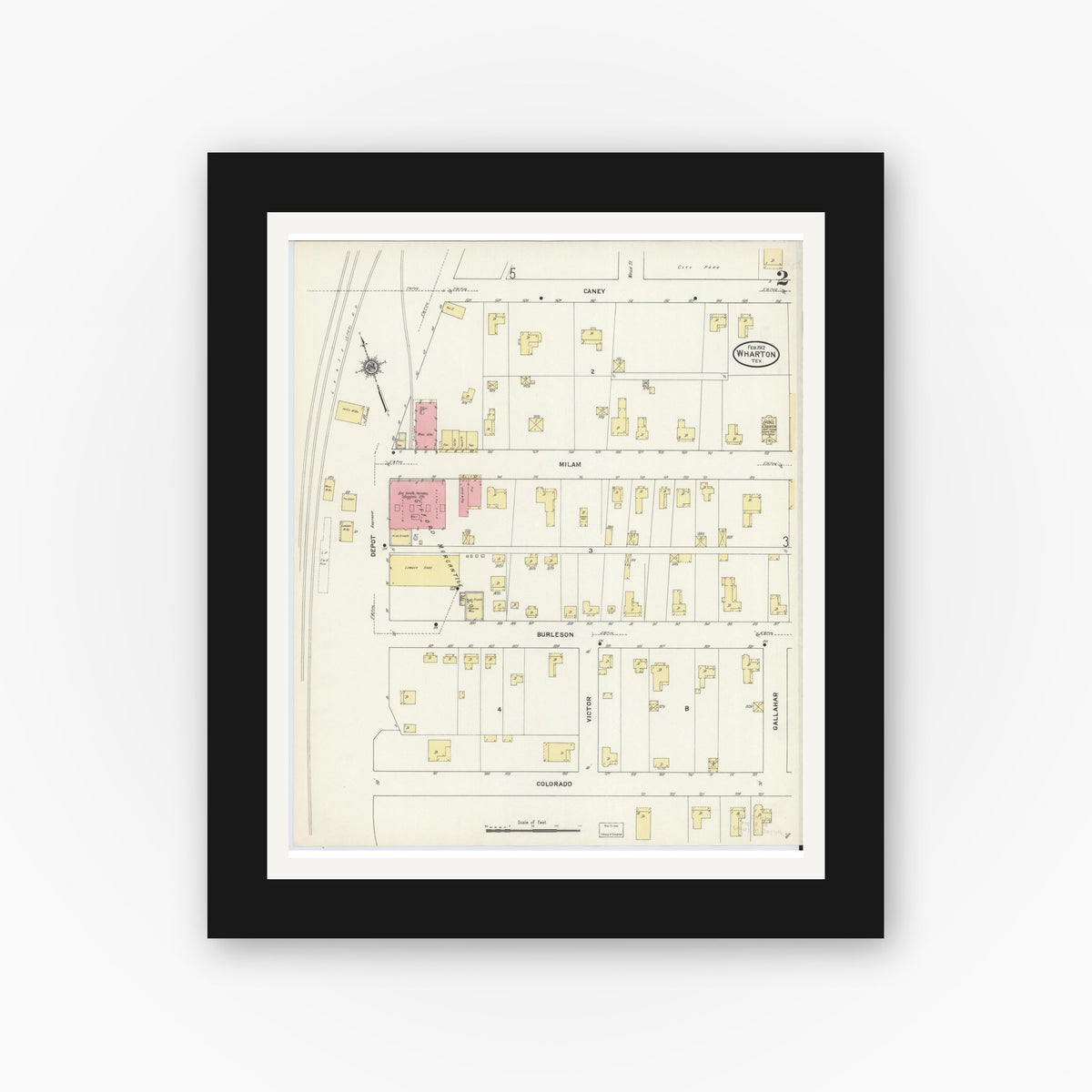 Old map wall art mockup — black gallery frame with white mat — Sanborn Fire Insurance Map from Wharton, Wharton County, Texas (1912), Sheet #0003