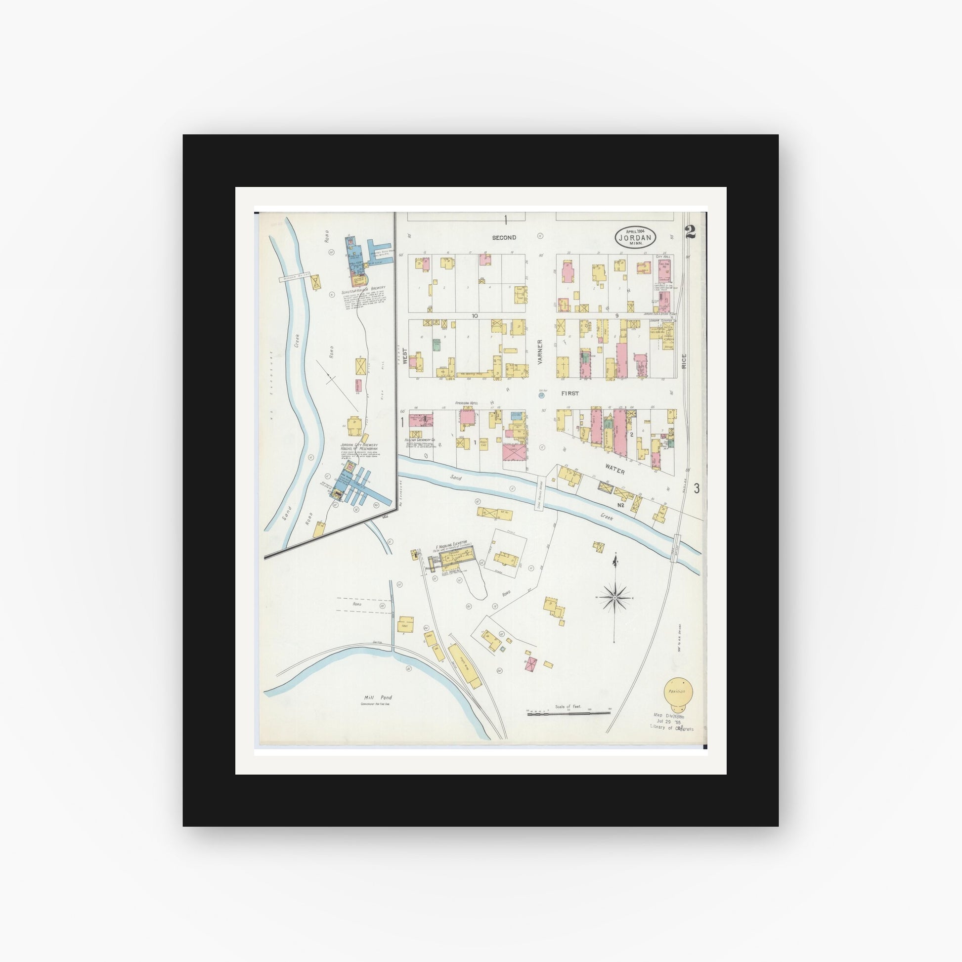 Old map wall art mockup — black gallery frame with white mat — Sanborn Fire Insurance Map from Jordan, Scott County, Minnesota (1904), Sheet #0002