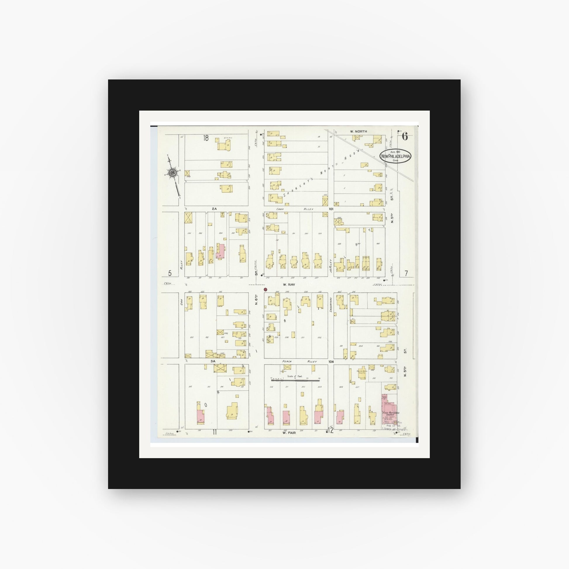 Old map wall art mockup — black gallery frame with white mat — Sanborn Fire Insurance Map from New Philadelphia, Tuscarawas County, Ohio (1910), Sheet #0006