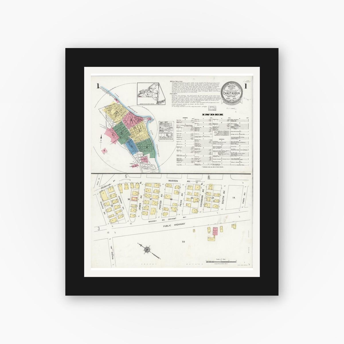 Old map wall art mockup — black gallery frame with white mat — Sanborn Fire Insurance Map from Cheektowaga, Erie County, New York (1924), Sheet #0001