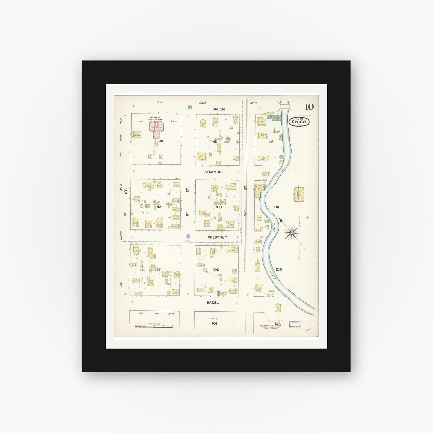 Old map wall art mockup — black gallery frame with white mat — Sanborn Fire Insurance Map from Chico, Butte County, California (1890), Sheet #0010