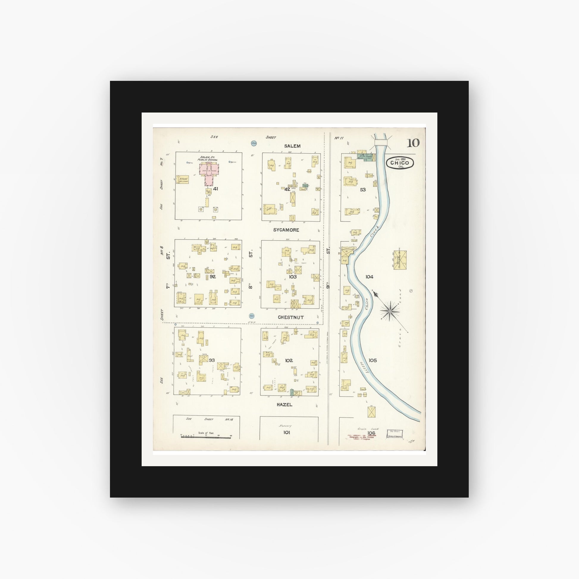 Old map wall art mockup — black gallery frame with white mat — Sanborn Fire Insurance Map from Chico, Butte County, California (1890), Sheet #0010