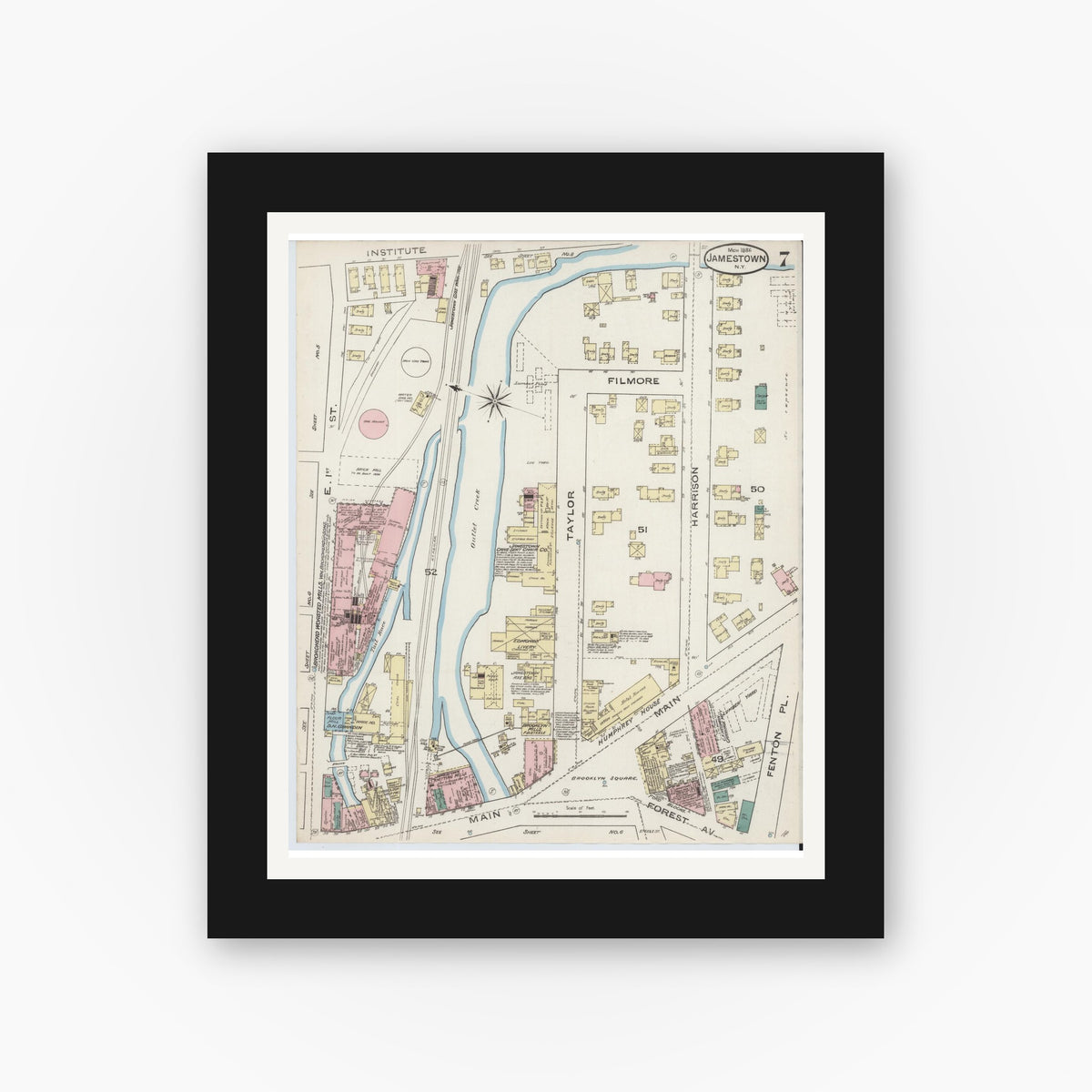 Old map wall art mockup — black gallery frame with white mat — Sanborn Fire Insurance Map from Jamestown, Chautauqua County, New York (1886), Sheet #0007