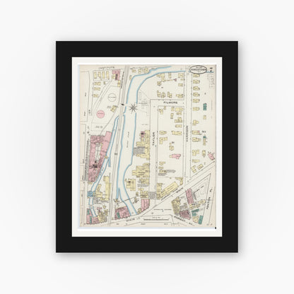 Old map wall art mockup — black gallery frame with white mat — Sanborn Fire Insurance Map from Jamestown, Chautauqua County, New York (1886), Sheet #0007