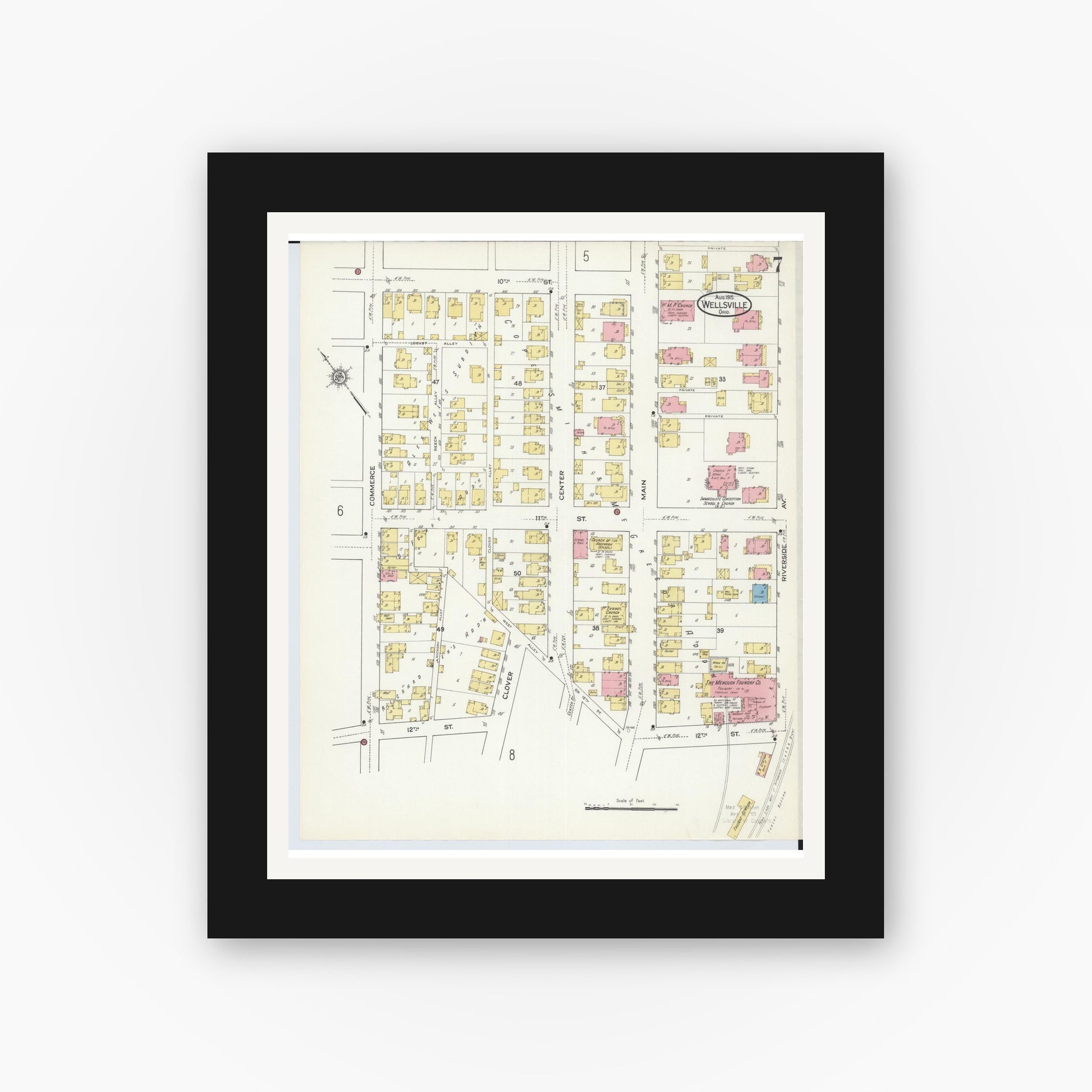 Old map wall art mockup — black gallery frame with white mat — Sanborn Fire Insurance Map from Wellsville, Columbiana County, Ohio (1915), Sheet #0007