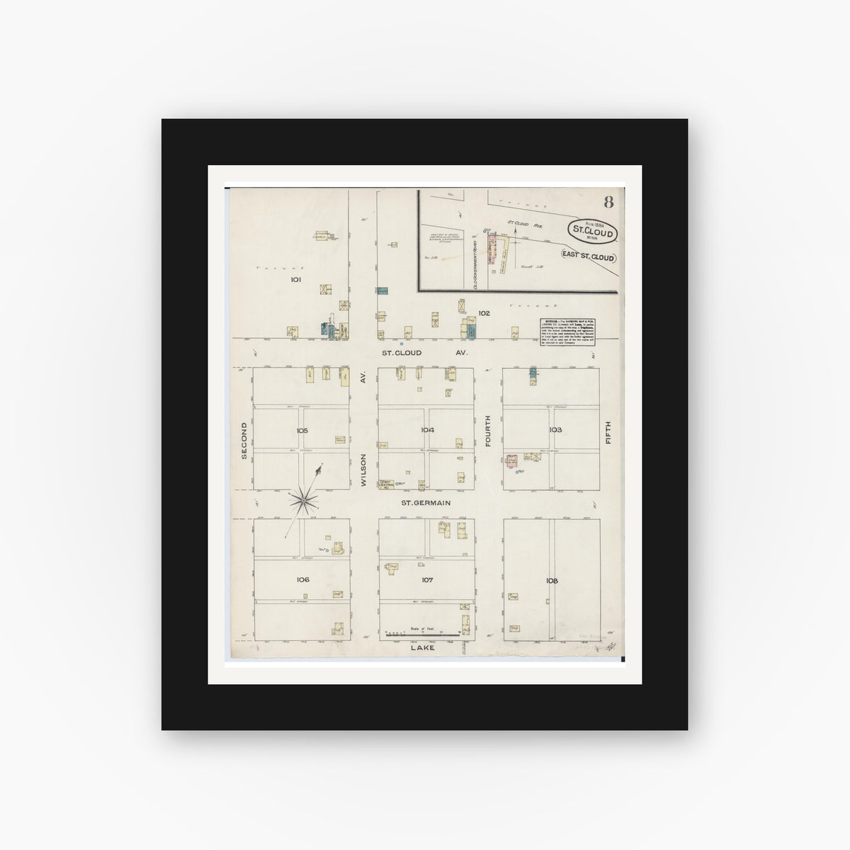 Old map wall art mockup — black gallery frame with white mat — Sanborn Fire Insurance Map from Saint Cloud, Stearns, Benton, and Sherburne Counties, Minnesota (1884), Sheet #0008