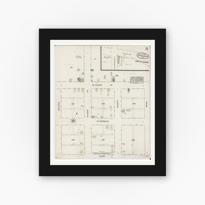 Old map wall art mockup — black gallery frame with white mat — Sanborn Fire Insurance Map from Saint Cloud, Stearns, Benton, and Sherburne Counties, Minnesota (1884), Sheet #0008