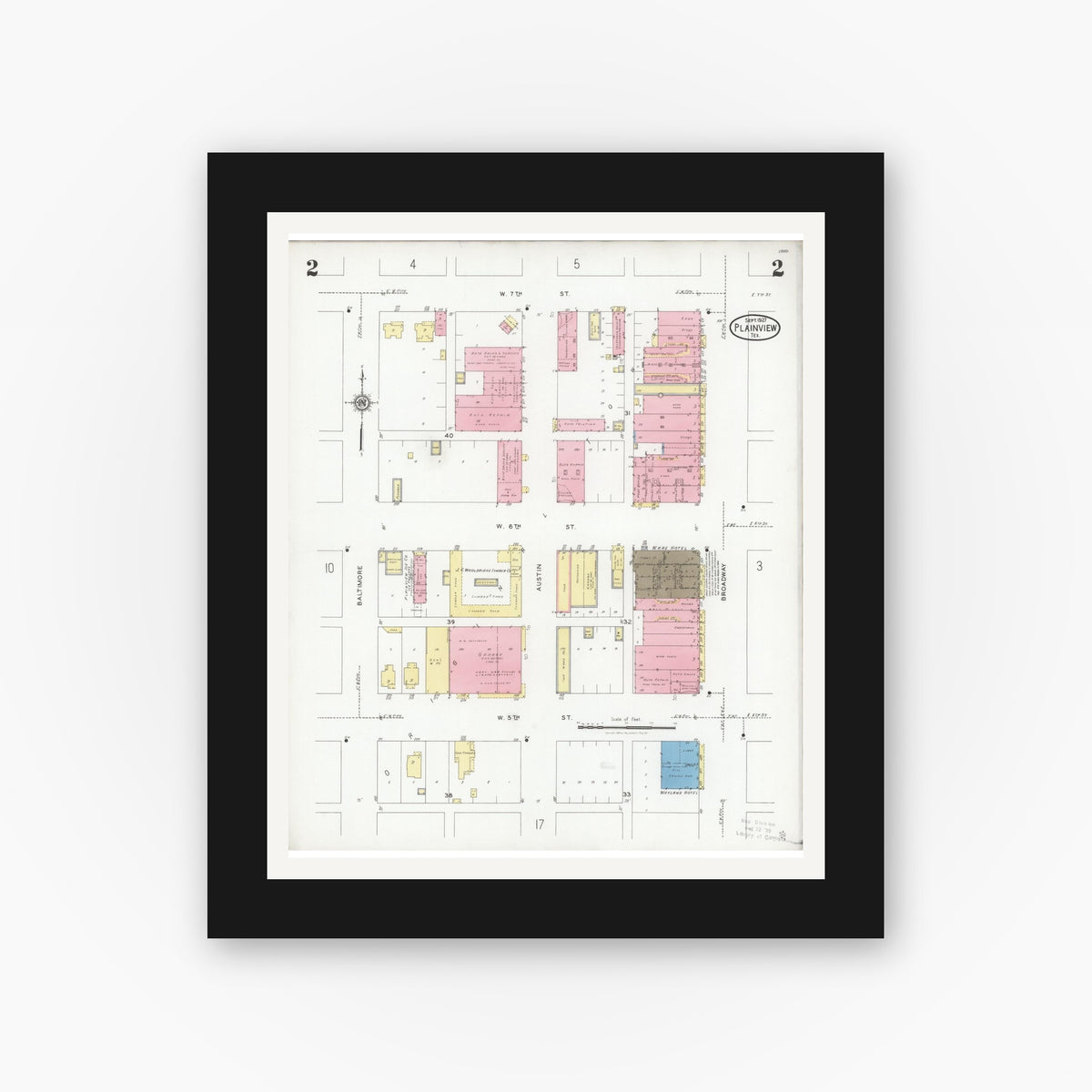 Old map wall art mockup — black gallery frame with white mat — Sanborn Fire Insurance Map from Plainview, Hale County, Texas (1927), Sheet #0002