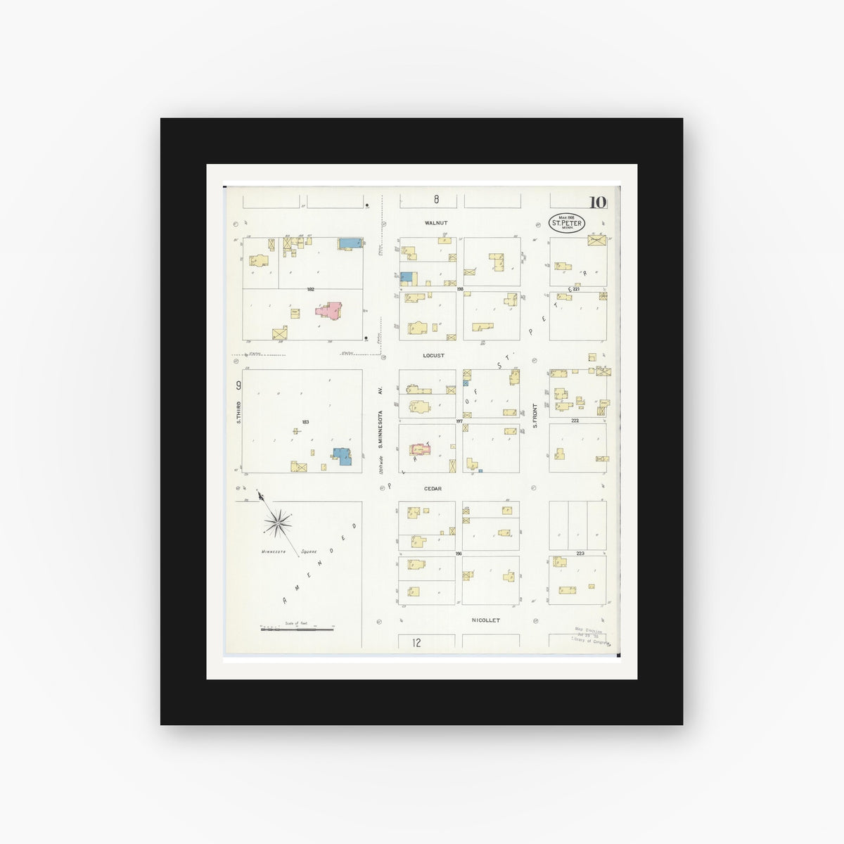 Old map wall art mockup — black gallery frame with white mat — Sanborn Fire Insurance Map from Saint Peter, Nicollet County, Minnesota (1908), Sheet #0010