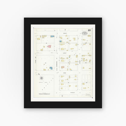Old map wall art mockup — black gallery frame with white mat — Sanborn Fire Insurance Map from Saint Peter, Nicollet County, Minnesota (1908), Sheet #0010