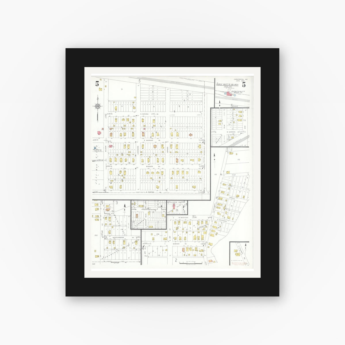 Old map wall art mockup — black gallery frame with white mat — Sanborn Fire Insurance Map from Chesterton, Porter County, Indiana (1935), Sheet #0005