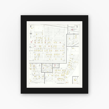 Old map wall art mockup — black gallery frame with white mat — Sanborn Fire Insurance Map from Chesterton, Porter County, Indiana (1935), Sheet #0005