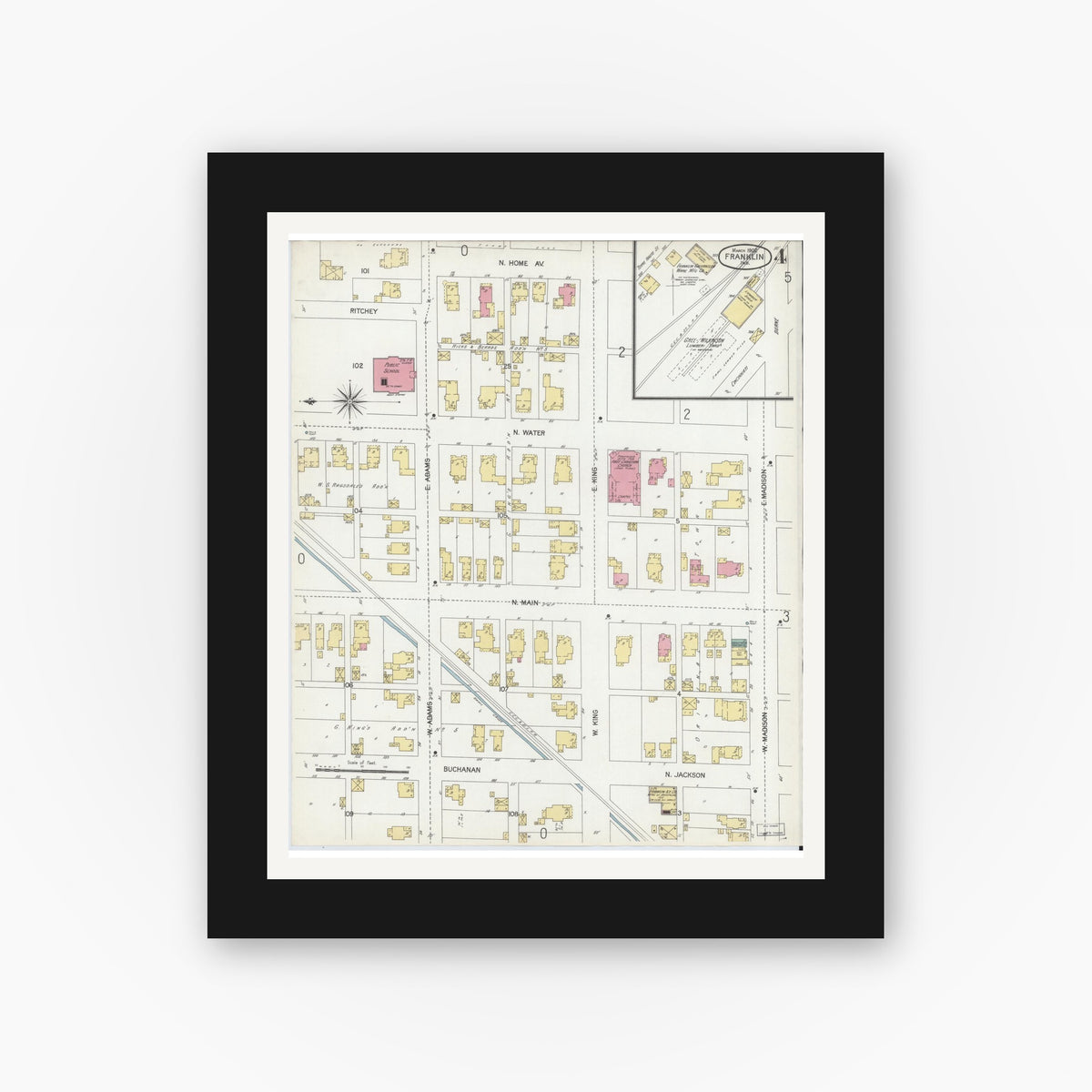Old map wall art mockup — black gallery frame with white mat — Sanborn Fire Insurance Map from Franklin, Johnson County, Indiana (1902), Sheet #0004