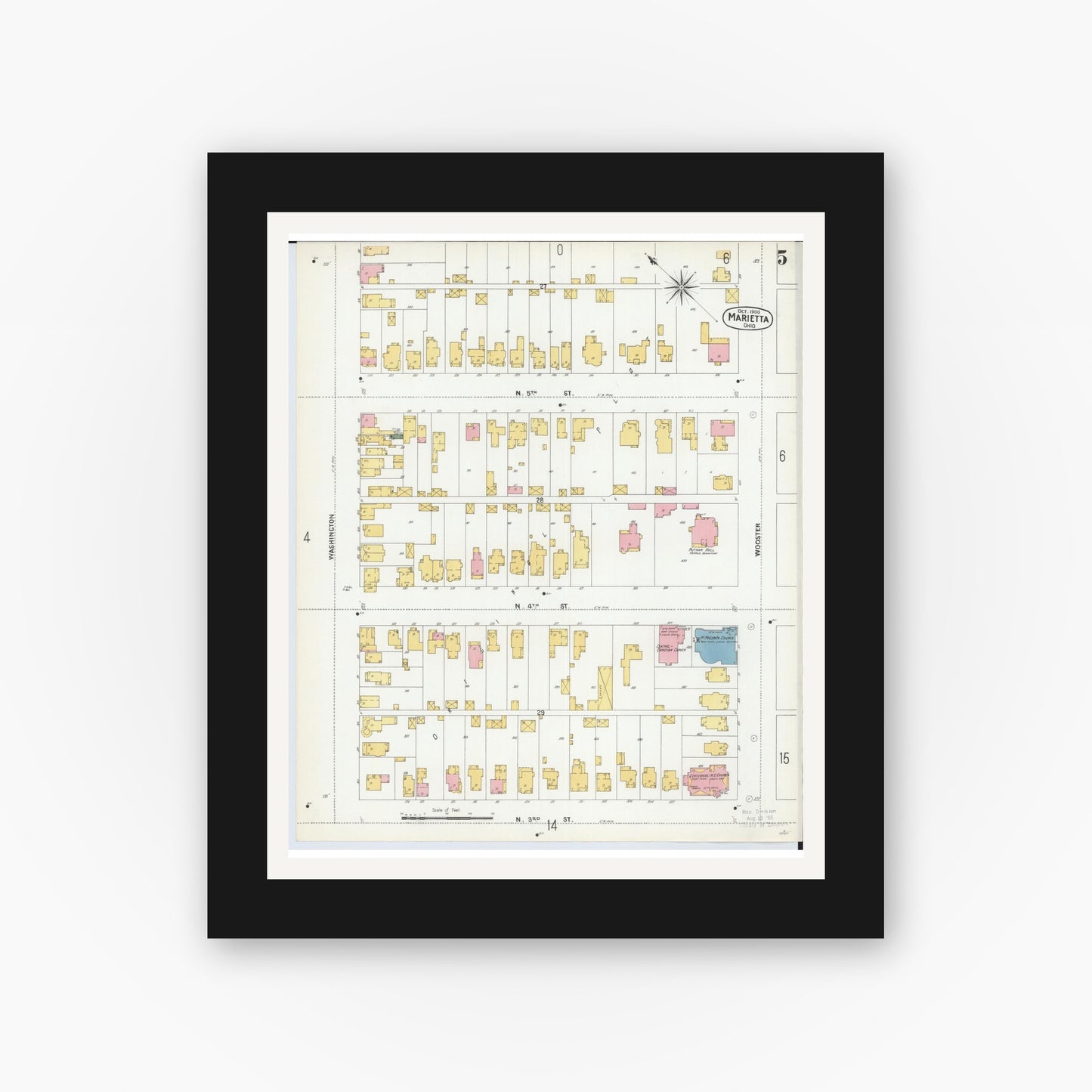 Old map wall art mockup — black gallery frame with white mat — Sanborn Fire Insurance Map from Marietta, Washington County, Ohio (1900), Sheet #0005