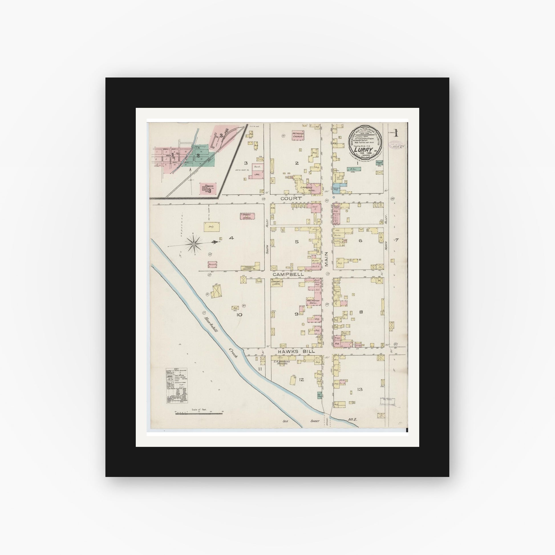 Old map wall art mockup — black gallery frame with white mat — Sanborn Fire Insurance Map from Luray, Page County, Virginia (1886) - Complete Map Set