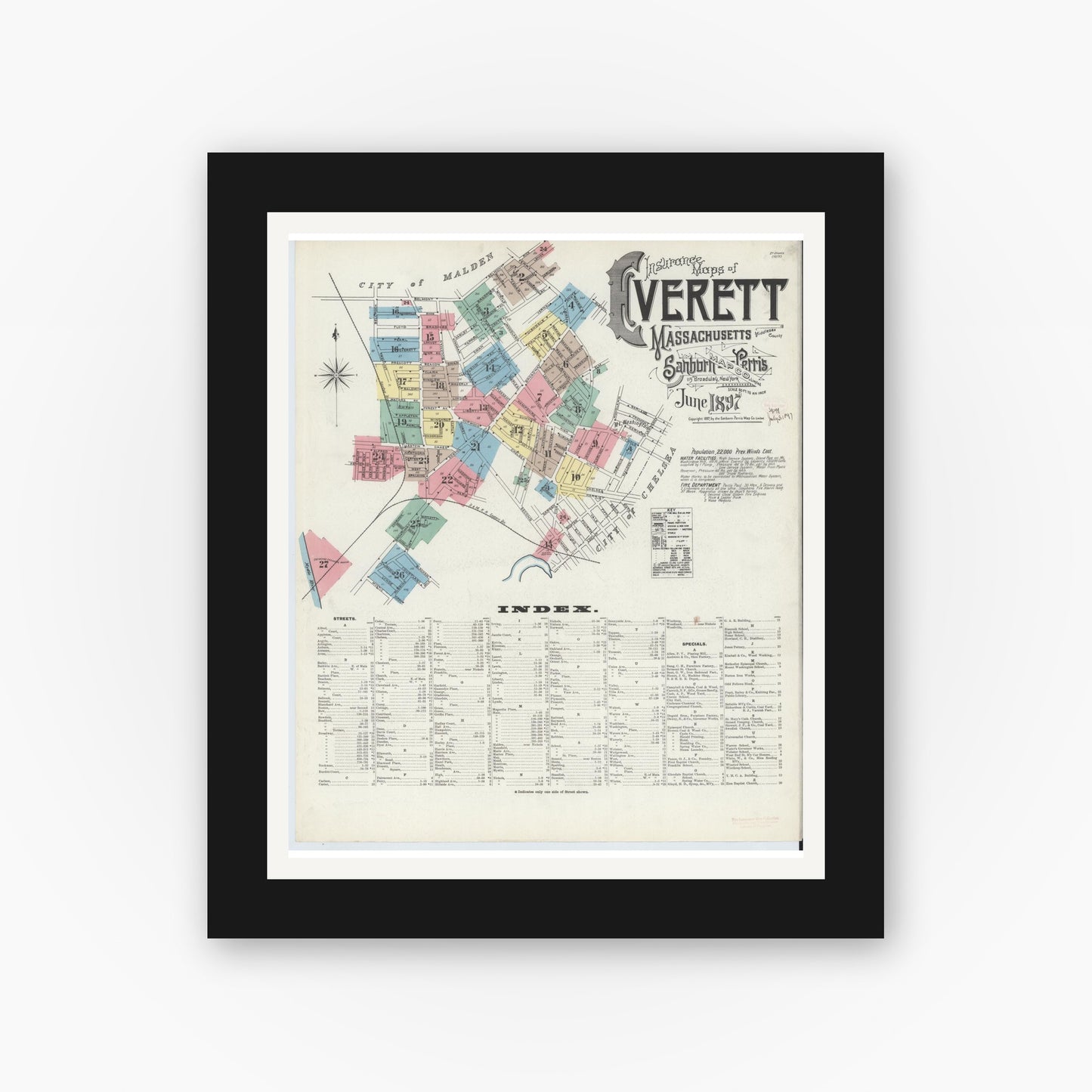 Old map wall art mockup — black gallery frame with white mat — Sanborn Fire Insurance Map from Everett, Middlesex County, Massachusetts (1897) - Complete Map Set