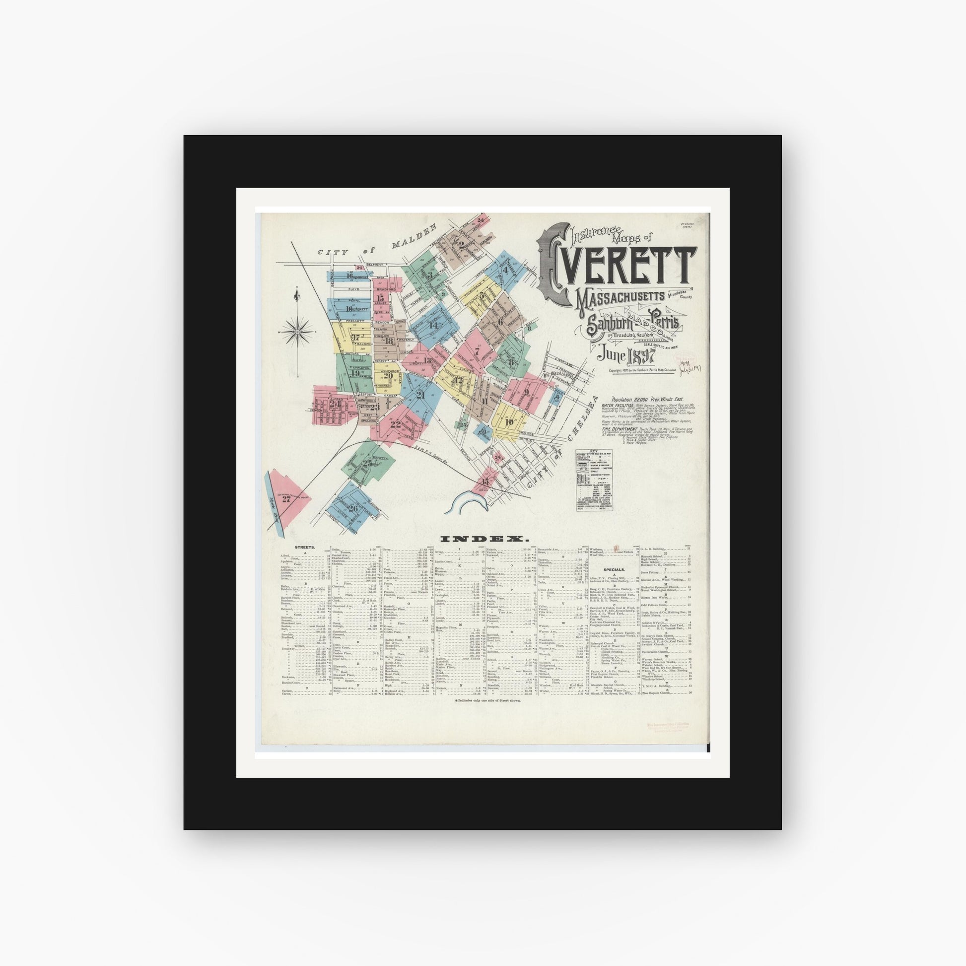 Old map wall art mockup — black gallery frame with white mat — Sanborn Fire Insurance Map from Everett, Middlesex County, Massachusetts (1897) - Complete Map Set
