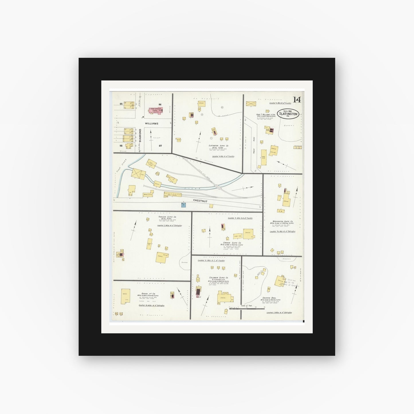 Old map wall art mockup — black gallery frame with white mat — Sanborn Fire Insurance Map from Slatington, Lehigh County, Pennsylvania (1908), Sheet #0014