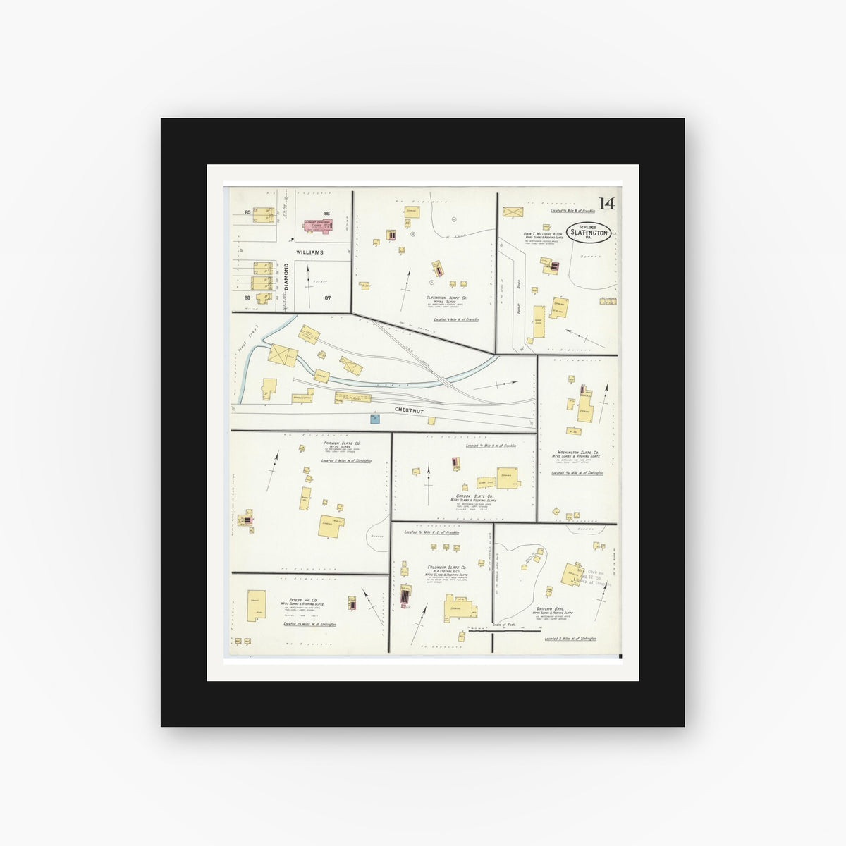 Old map wall art mockup — black gallery frame with white mat — Sanborn Fire Insurance Map from Slatington, Lehigh County, Pennsylvania (1908), Sheet #0014
