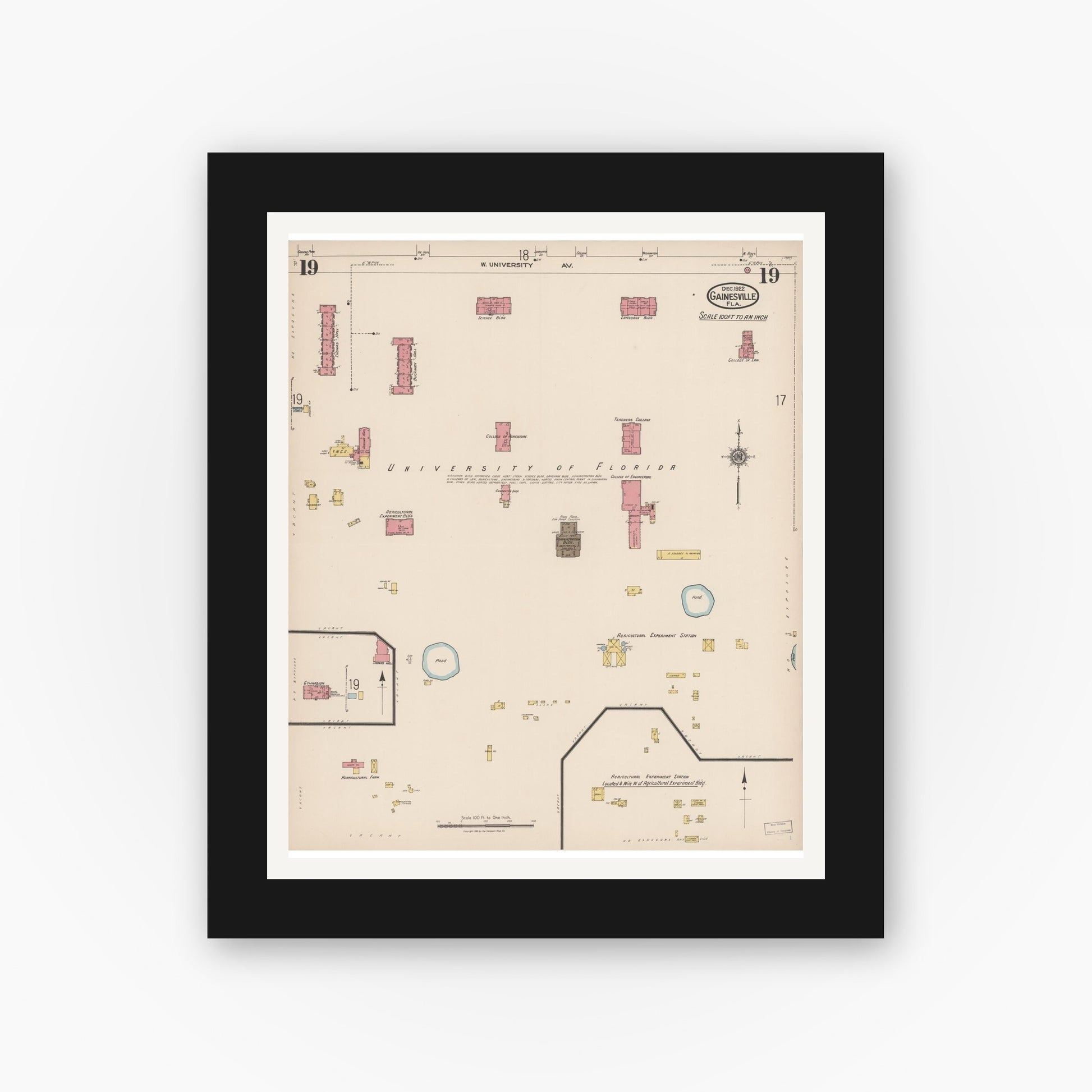 Old map wall art mockup — black gallery frame with white mat — Sanborn Fire Insurance Map from Gainesville, Alachua County, Florida (1922), Sheet #0019