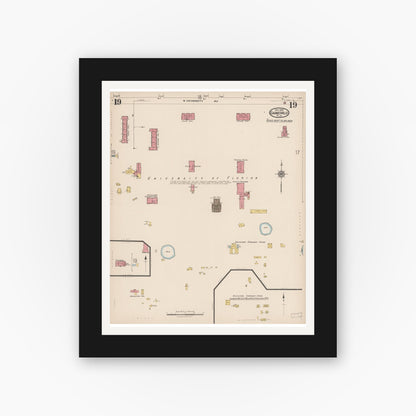 Old map wall art mockup — black gallery frame with white mat — Sanborn Fire Insurance Map from Gainesville, Alachua County, Florida (1922), Sheet #0019