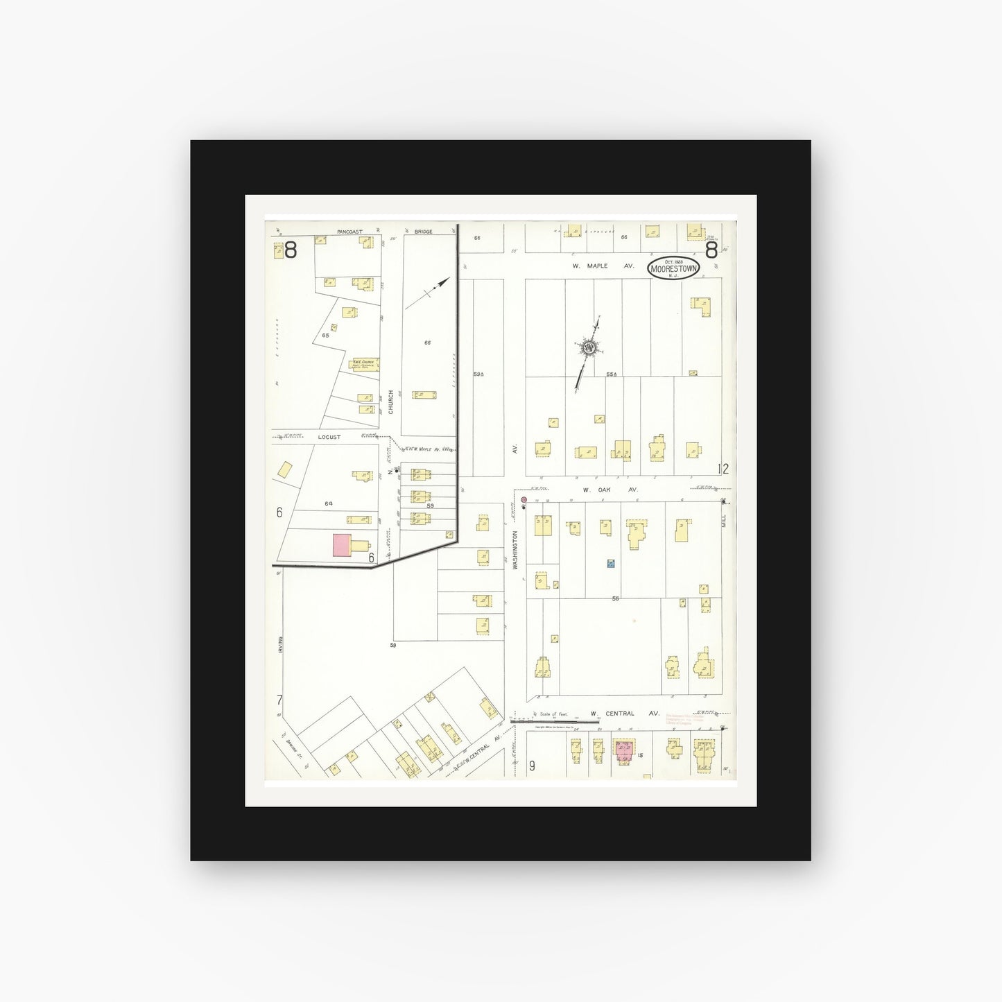 Old map wall art mockup — black gallery frame with white mat — Sanborn Fire Insurance Map from Moorestown, Burlington County, New Jersey (1923), Sheet #0008