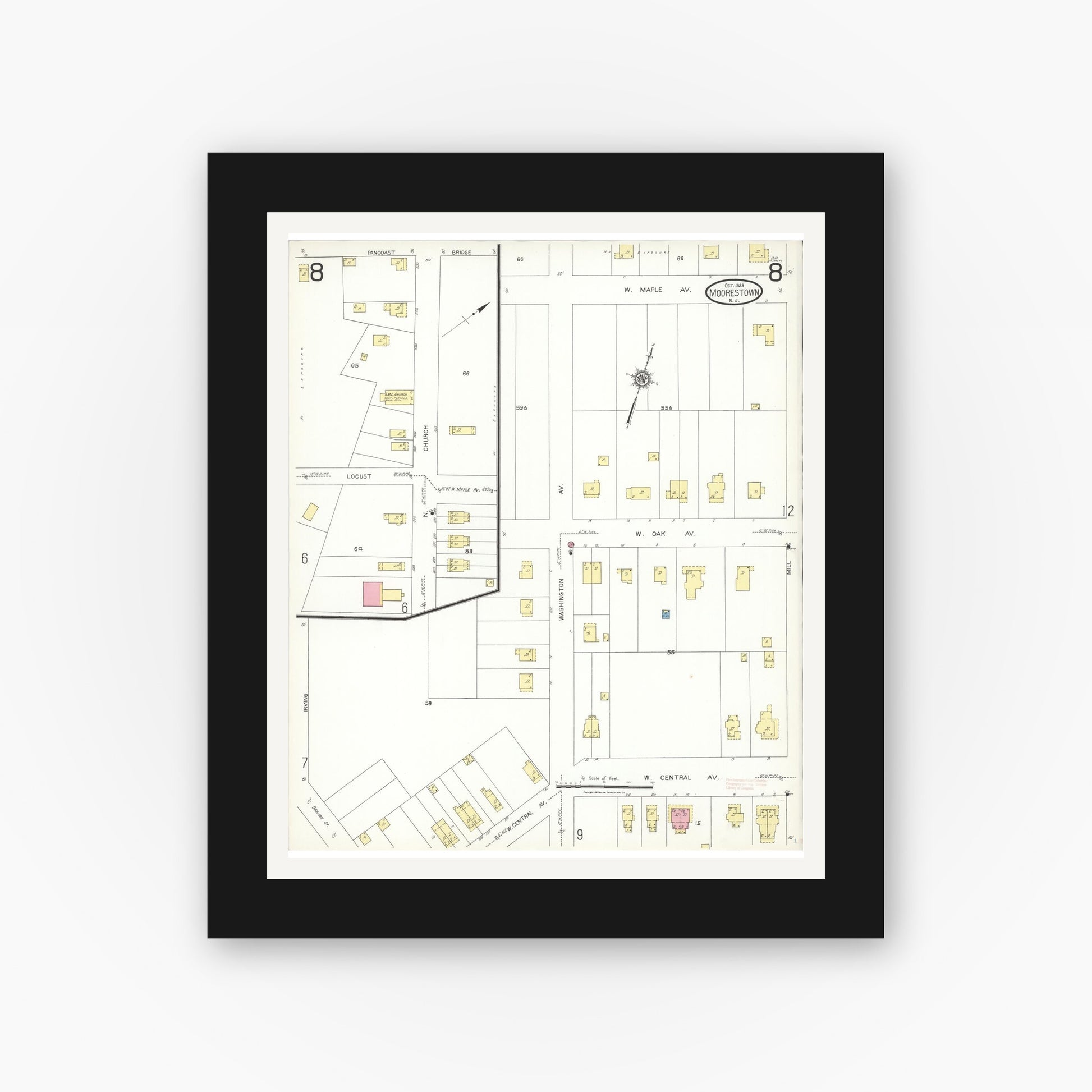 Old map wall art mockup — black gallery frame with white mat — Sanborn Fire Insurance Map from Moorestown, Burlington County, New Jersey (1923), Sheet #0008