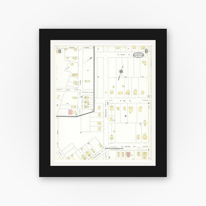 Old map wall art mockup — black gallery frame with white mat — Sanborn Fire Insurance Map from Moorestown, Burlington County, New Jersey (1923), Sheet #0008