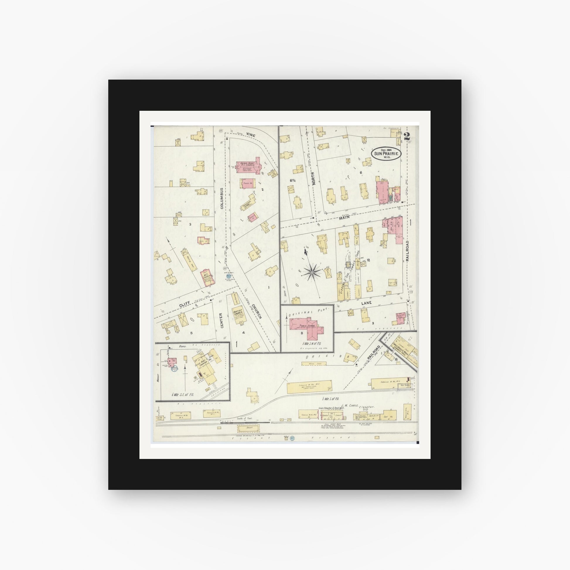 Old map wall art mockup — black gallery frame with white mat — Sanborn Fire Insurance Map from Sun Prairie, Dane County, Wisconsin (1905), Sheet #0002