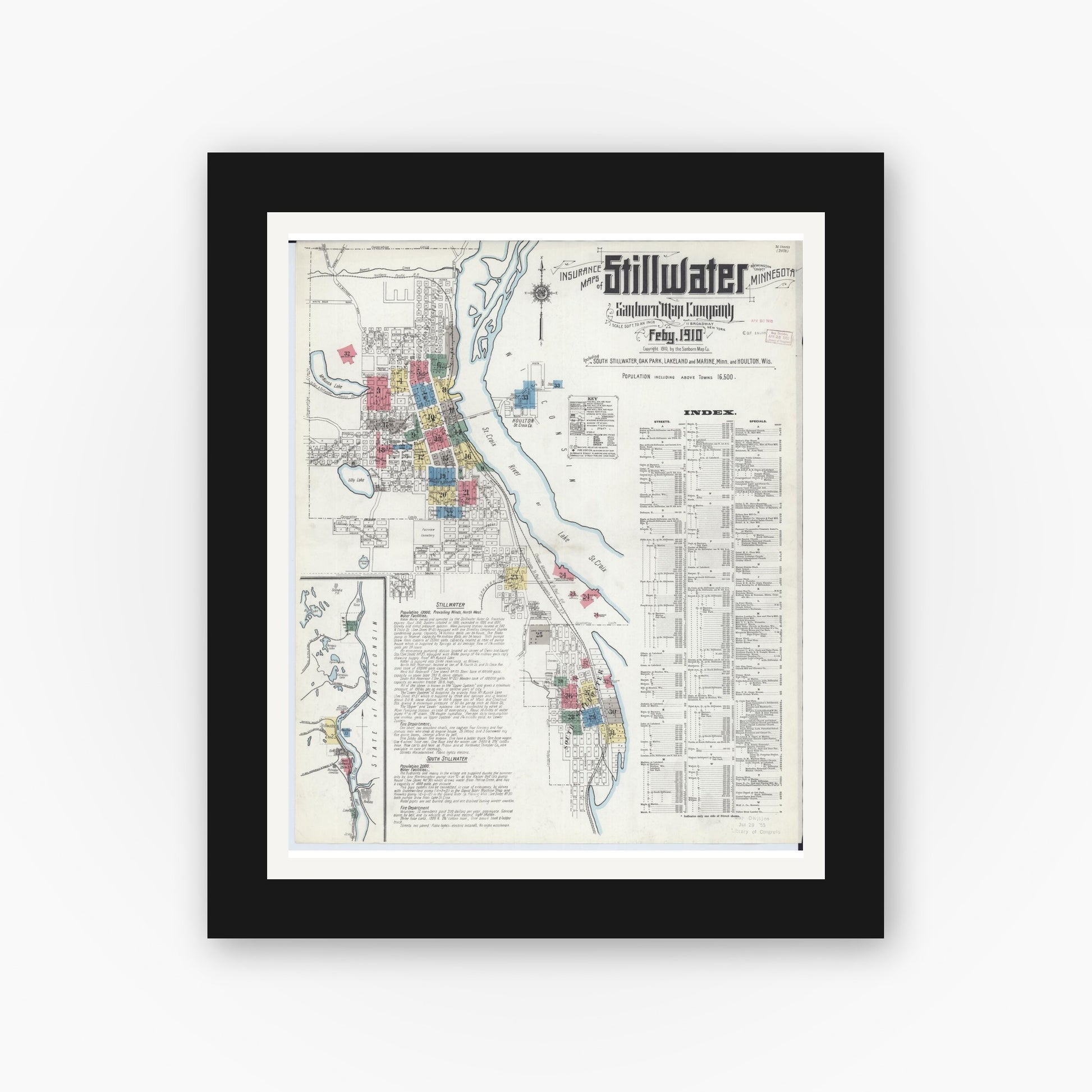 Old map wall art mockup — black gallery frame with white mat — Sanborn Fire Insurance Map from Stillwater, Washington County, Minnesota (1910) - Complete Map Set