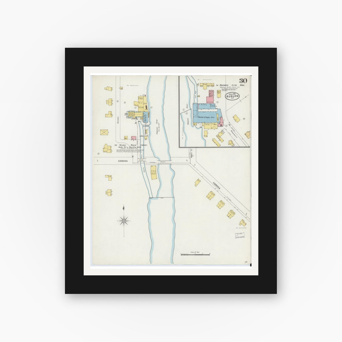 Old map wall art mockup — black gallery frame with white mat — Sanborn Fire Insurance Map from Auburn, Cayuga County, New York (1898), Sheet #0030